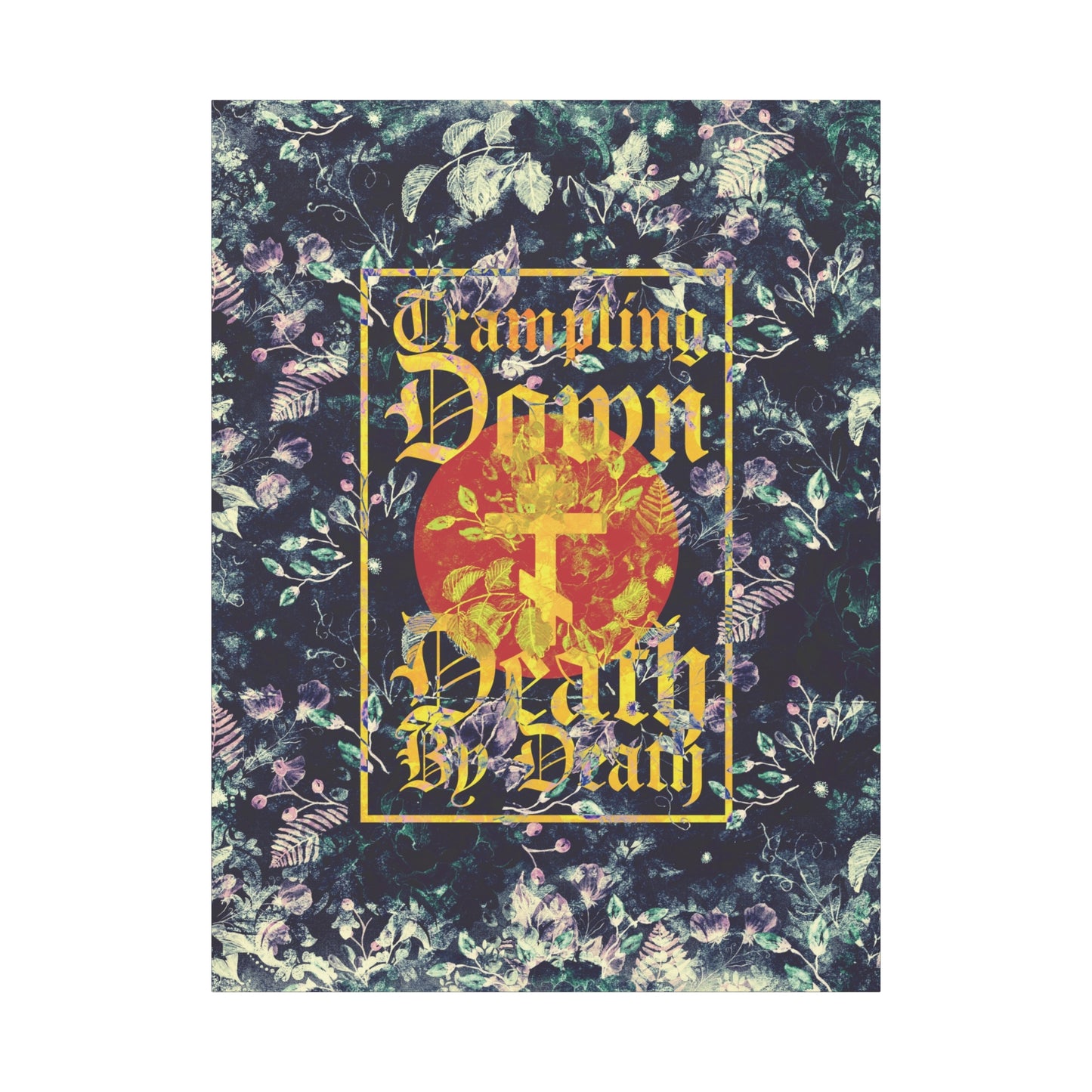 Trampling Down Death By Death | Paschal Floral Design with Gothic Script and Three-Bar Cross | Orthodox Christian Canvas Art