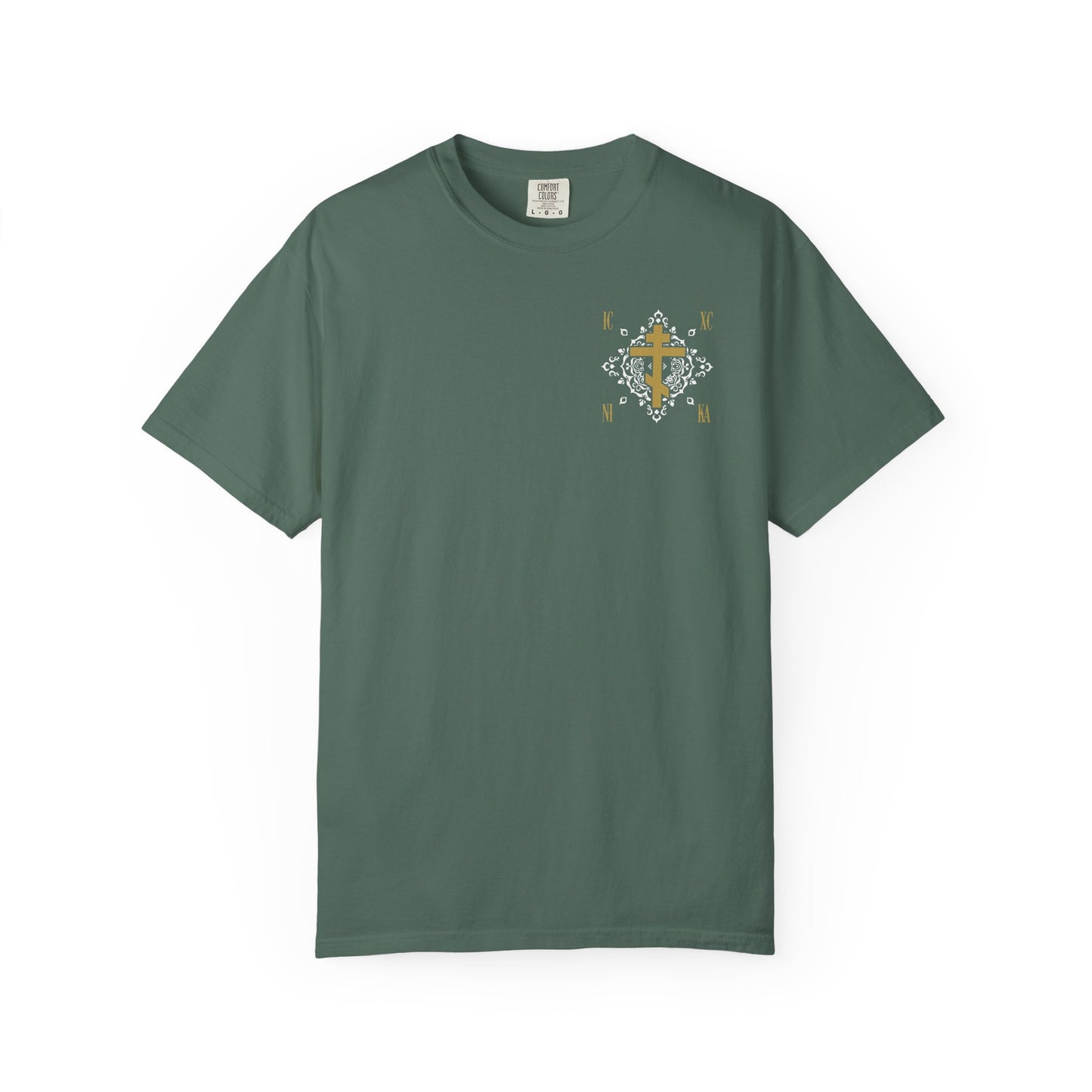 Blue Spruce t-shirt with a small gold Orthodox Cross ICXC NIKA and white medieval ornate floral pattern on the upper left chest, symbolizing "Jesus Christ Conquers," crafted from heavyweight cotton.