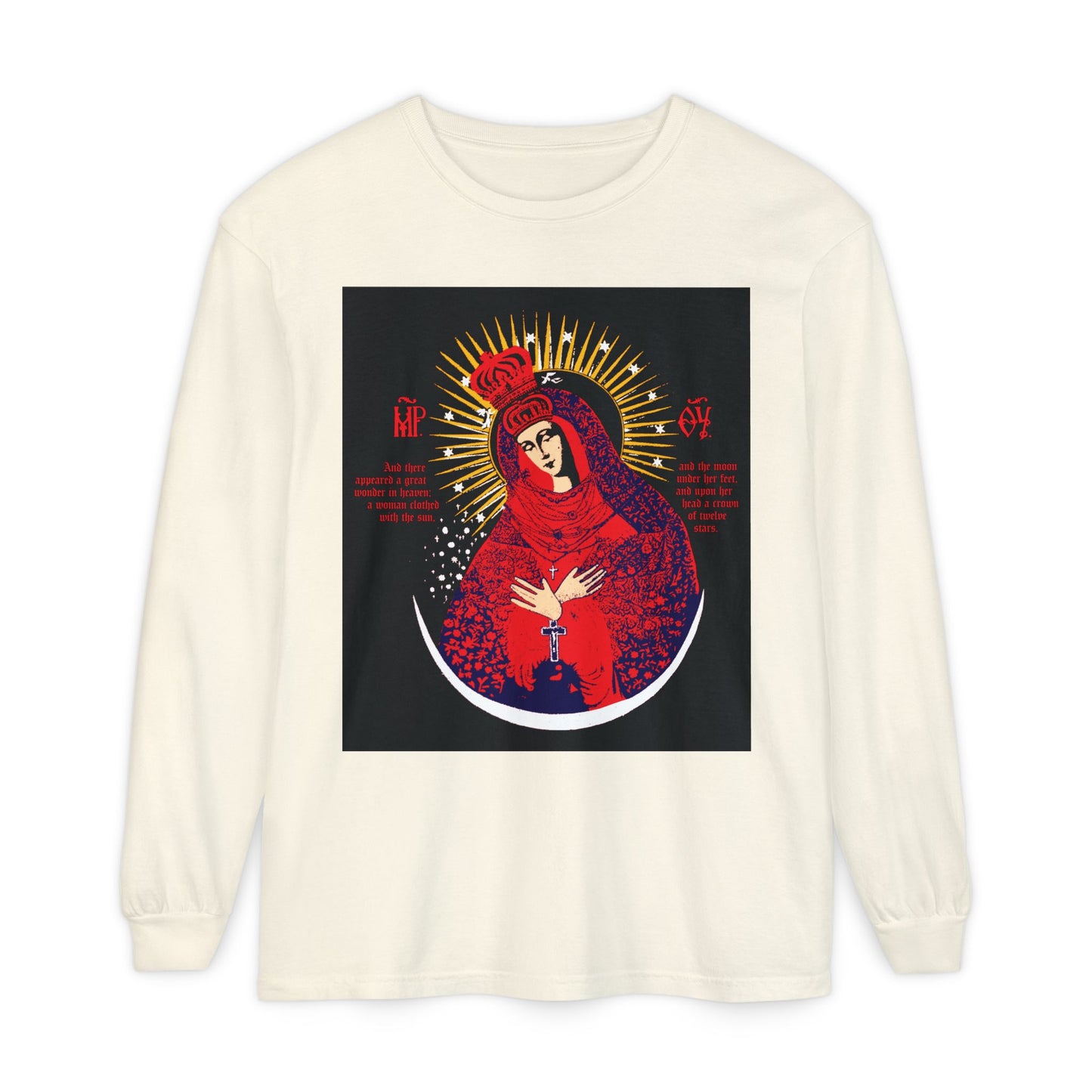 Ivory long-sleeve cotton shirt featuring a red, blue, and gold iconographic design of Our Lady the Gate of Dawn (Theotokos Crowned/Woman of the Apocalypse), inspired by an important Orthodox Vilnius icon.
