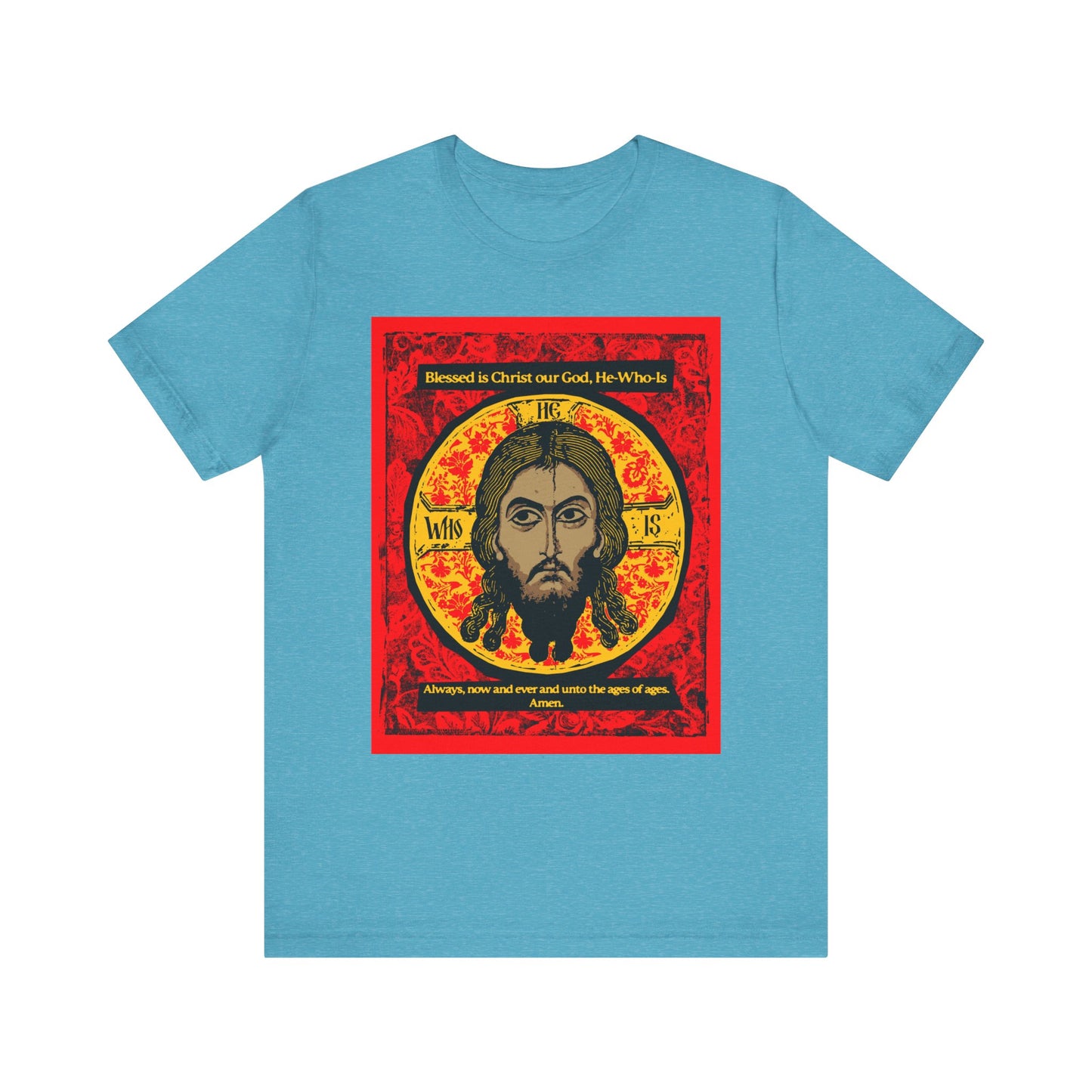 Heather Aqua "Made Without Hands (Mandylion/Image of Edessa)" unisex cotton tee features a stylized Jesus Christ Orthodox icon in a red and yellow frame with hymn-inspired religious text.