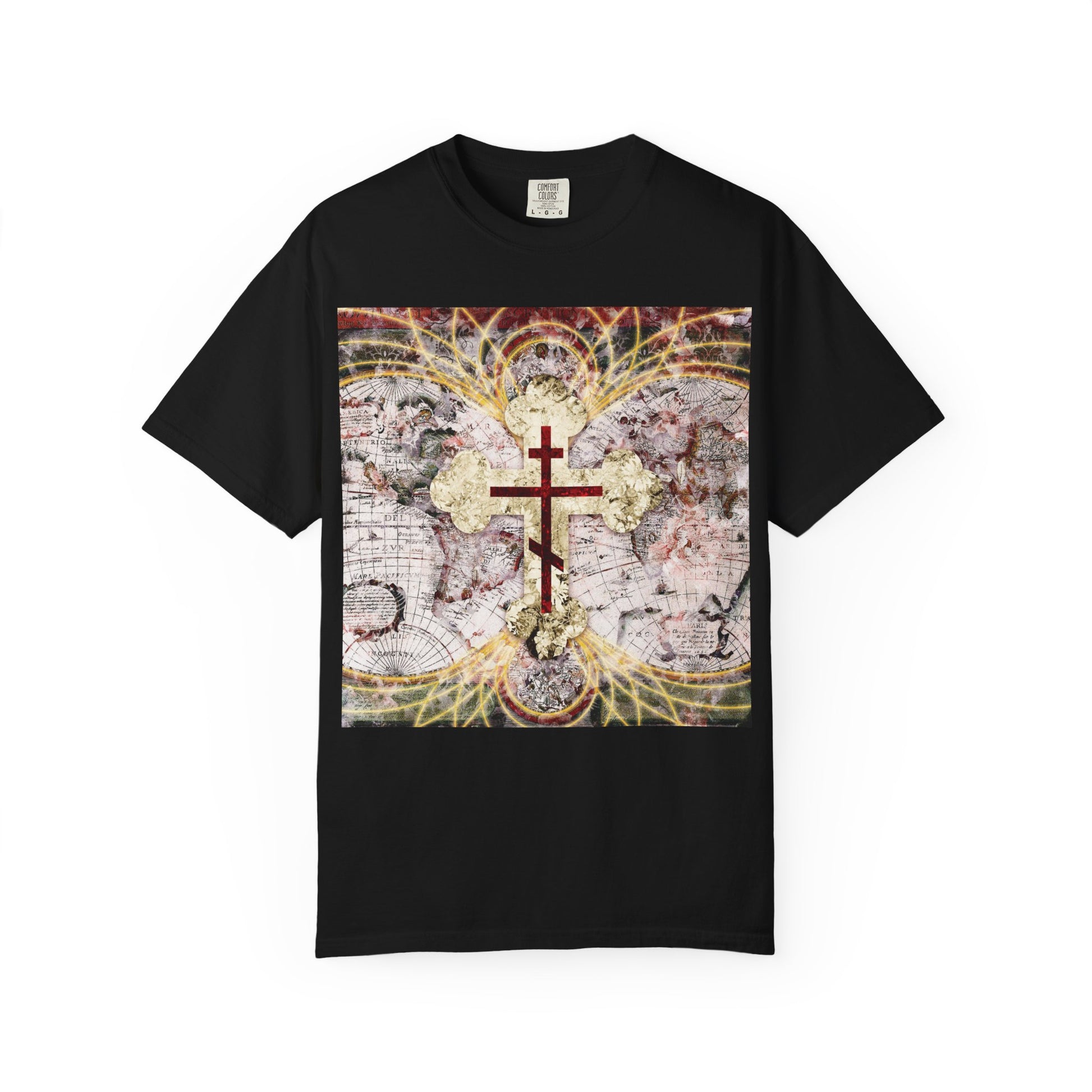 Introducing the “Red Orthodox Cross on Antique Map with Glowing Magnetic Lines | Conqueror of Death” Orthodox Christian Heavyweight Cotton Unisex Tee in black. This bold statement piece features a striking red Orthodox double-barred cross at its center, set against a vintage world map enhanced by gold accents and radiant magnetic lines. Inspired by Revelation 1:18, the design subtly weaves in the keys of Death and Hades, making this shirt a powerful expression rooted in enduring biblical truth.