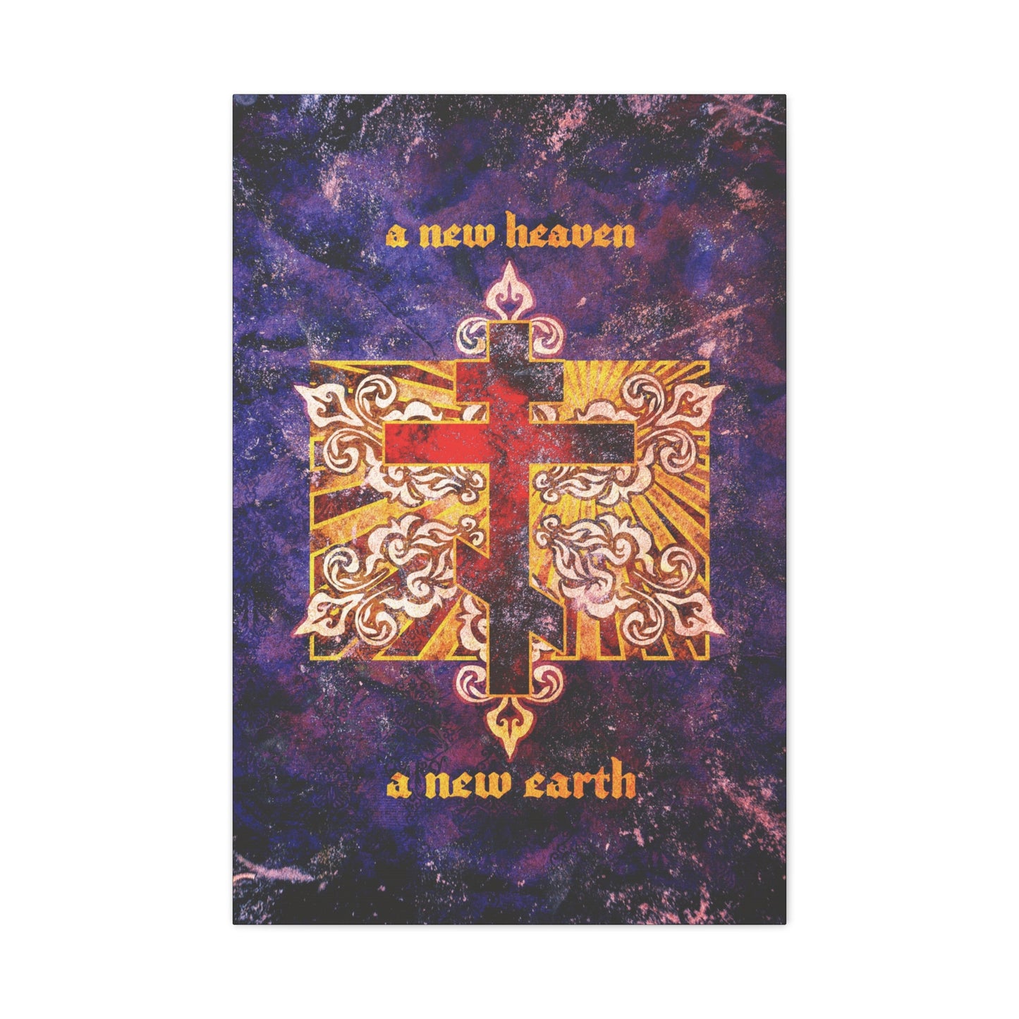 A New Heaven/A New Earth | Red Orthodox Cross on Textured Ornate Background | Christian Canvas Art