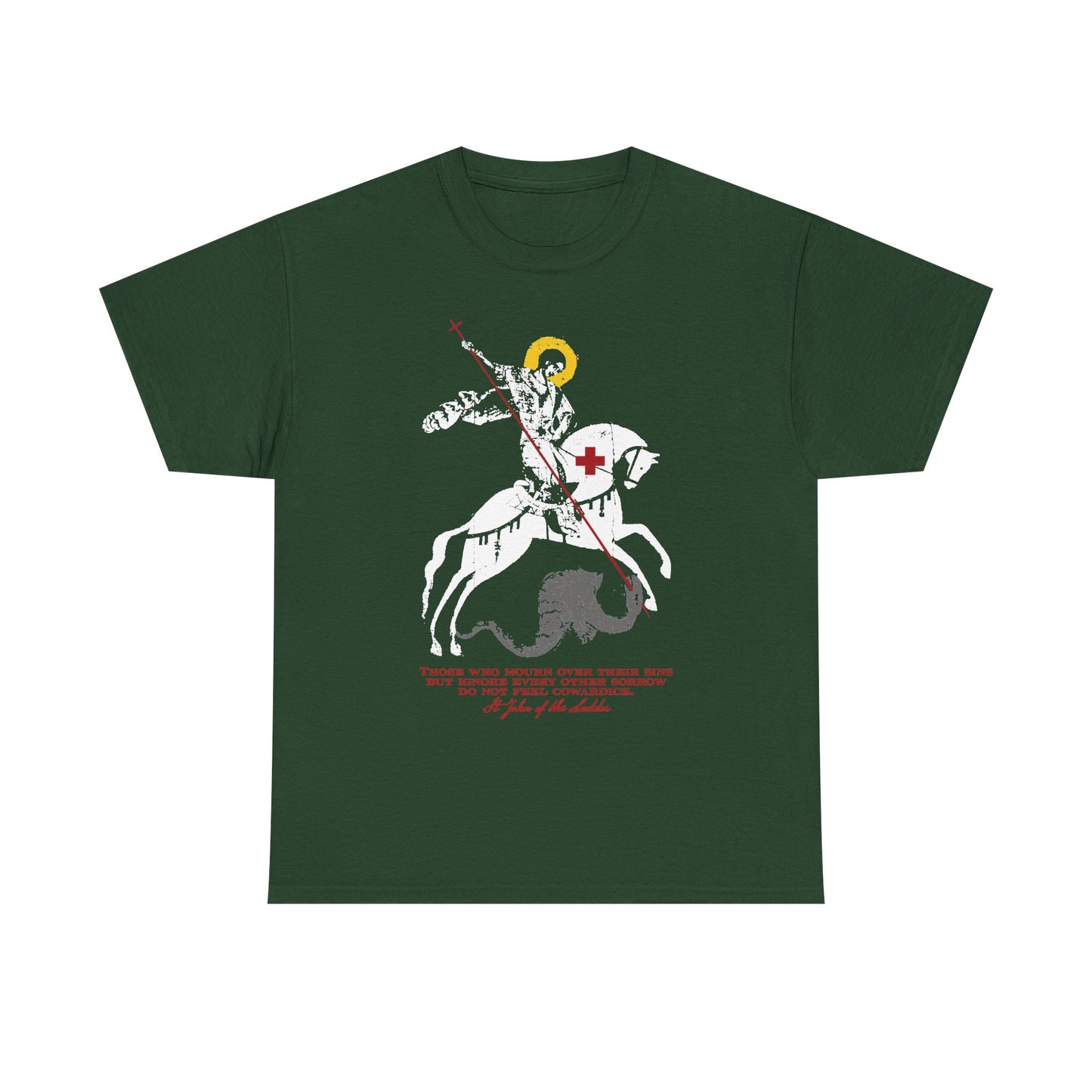 Forest green midweight cotton unisex tee featuring an IconoGraphic illustration of St George slaying the dragon, with red text beneath the image. Inspired by the teachings of St John Climacus, this Orthodox Christian t-shirt—titled “Those Who Mourn Over Their Sins”—honors the proud soul who overcomes challenges with faith and courage.