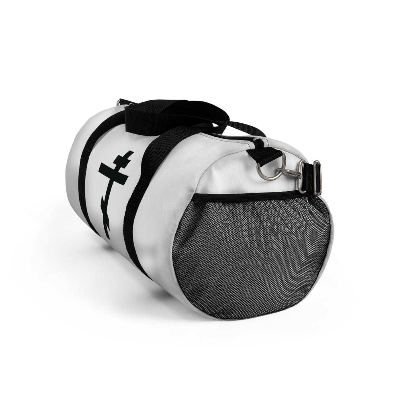 White cylindrical duffle bag with black straps, mesh end pocket, and black Orthodox Cross graphic featuring Gal 6:14: "May I never boast, except in the cross of our Lord Jesus Christ." Perfect for Orthodox Christians.