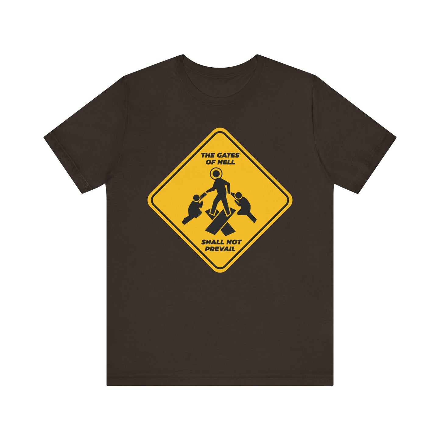Brown lightweight cotton unisex tee featuring a minimalist yellow street sign Pascha icon with stick figures and "Gates of Hell Shall Not Prevail"—inspired by Isaiah 45:2-3 and the theme Trampling Down Death By Death.