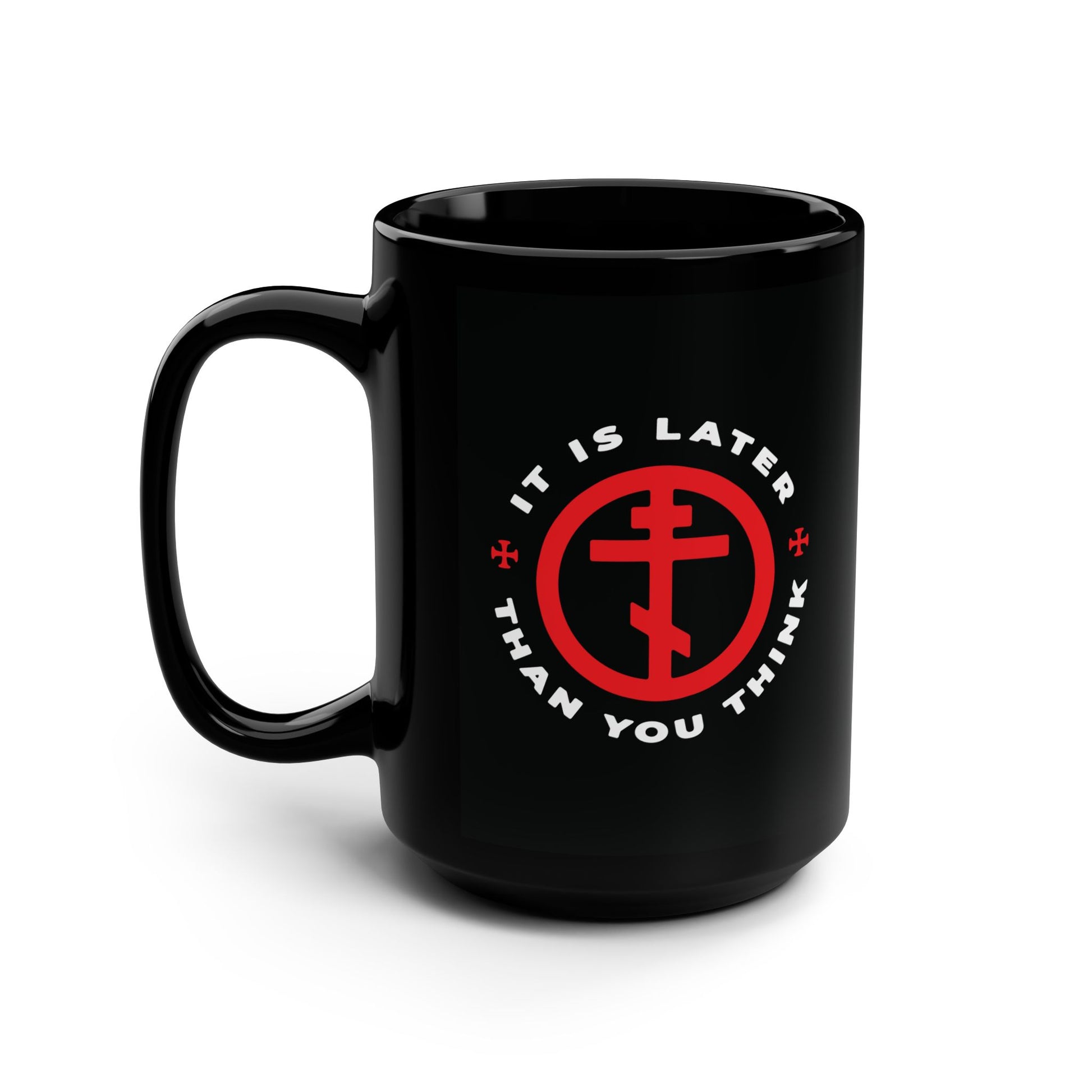 The "It Is Later Than You Think" black mug features an Orthodox cross in a circle, inspired by Fr Seraphim Rose and his call to pursue the work of God. A perfect Christian memento mori gift and reminder of our faith.