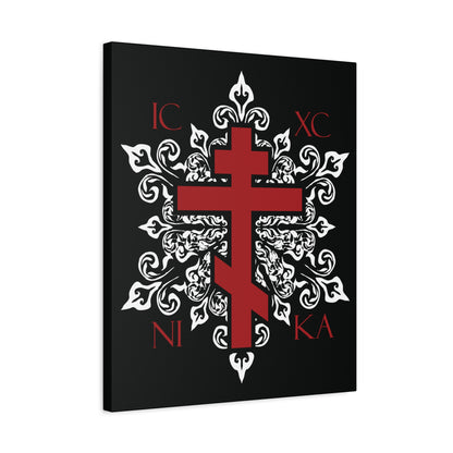 ICXC / NIKA Red Orthodox Cross on Ornate White Medieval Floral Design | Exclusive Best-Selling | Orthodox Christian Canvas Art