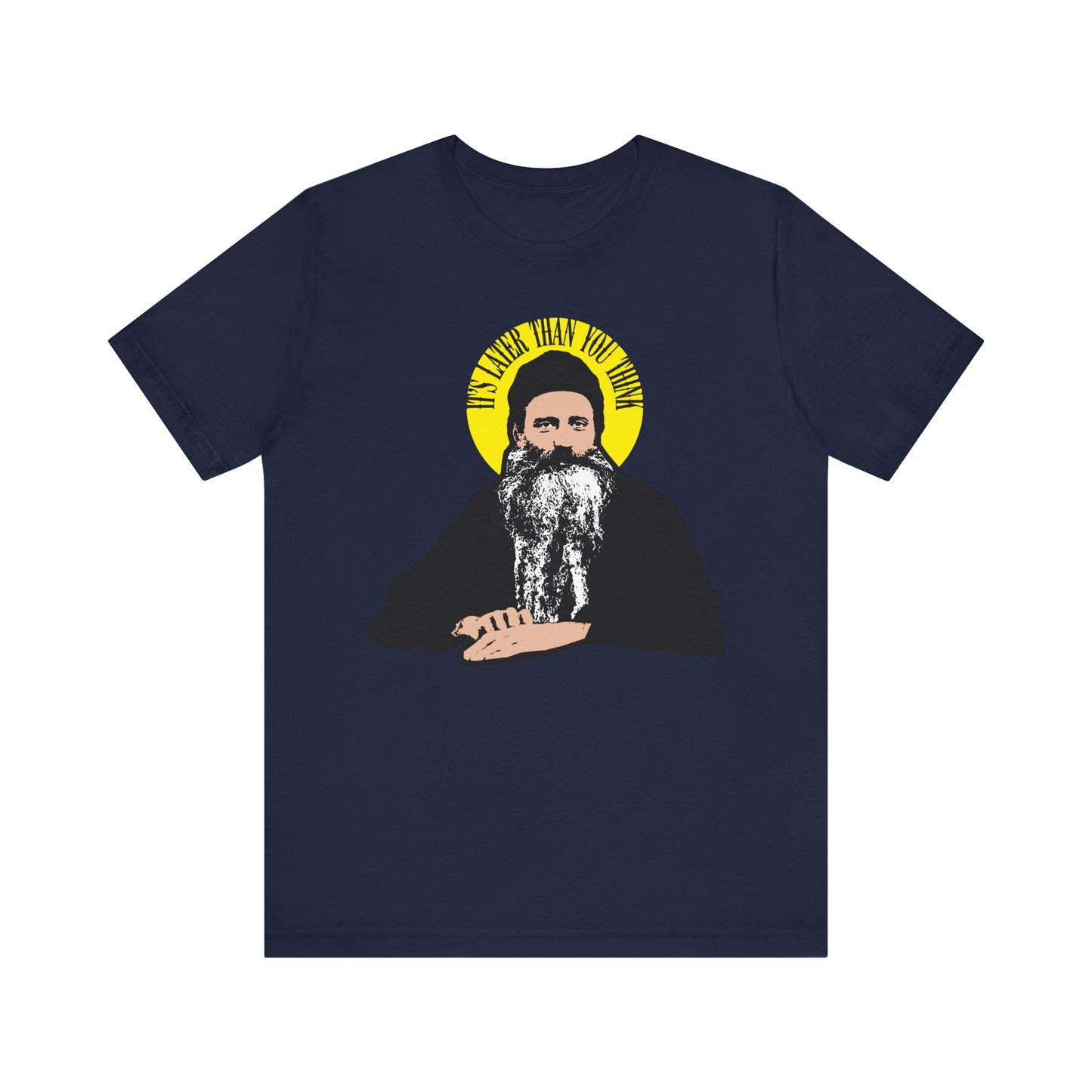 Navy tee featuring a yellow halo and “It’s Later Than You Think,” inspired by St. Seraphim Rose. A modern, lightweight unisex cotton shirt honoring an American Orthodox saint with subtle spiritual meaning.