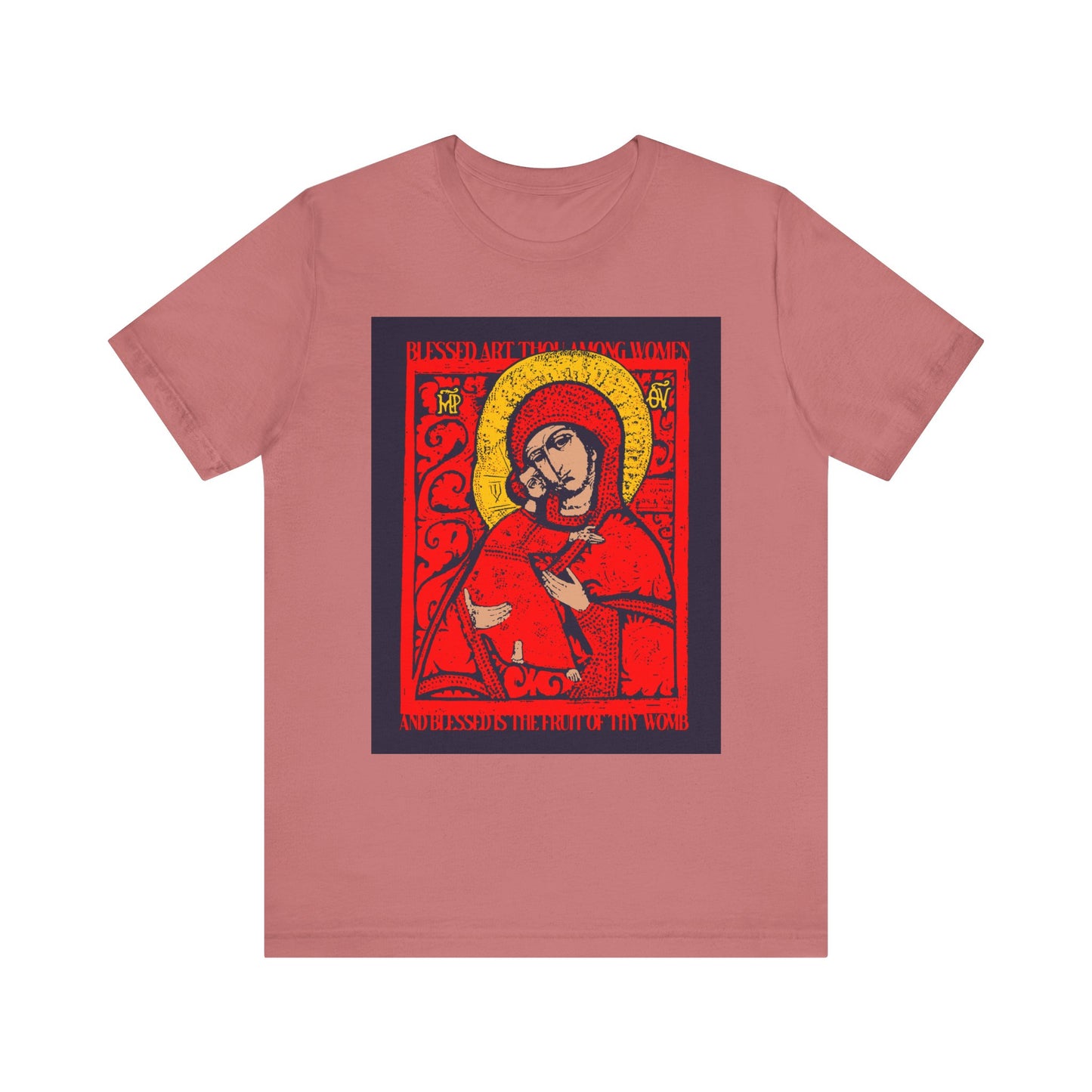 Mauve unisex lightweight cotton t-shirt featuring a red and yellow medieval-style icon graphic of the Theotokos and Virgin with a halo on the front, inspired by the timeless beauty of the Vladimirskaya icon. Product name: Vladimir Theotokos IconoGraphic | Blessed Art Thou Among Women | Orthodox Christian Lightweight Cotton Unisex T-Shirt.