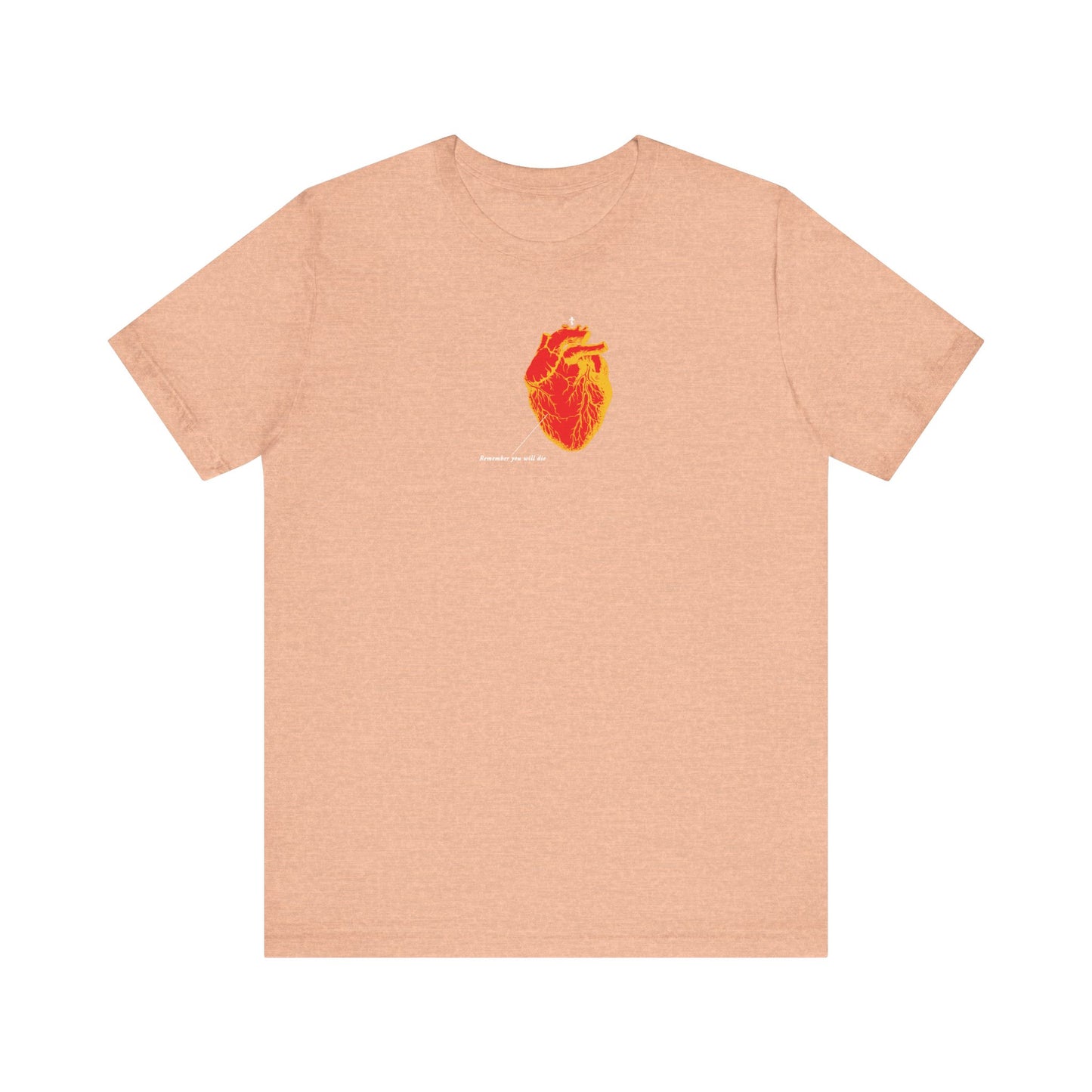Heather peach lightweight unisex tee featuring a red & orange antique medical heart graphic and white text, inspired by memento mori with Christian symbolism. "Remember You Will Die" design.