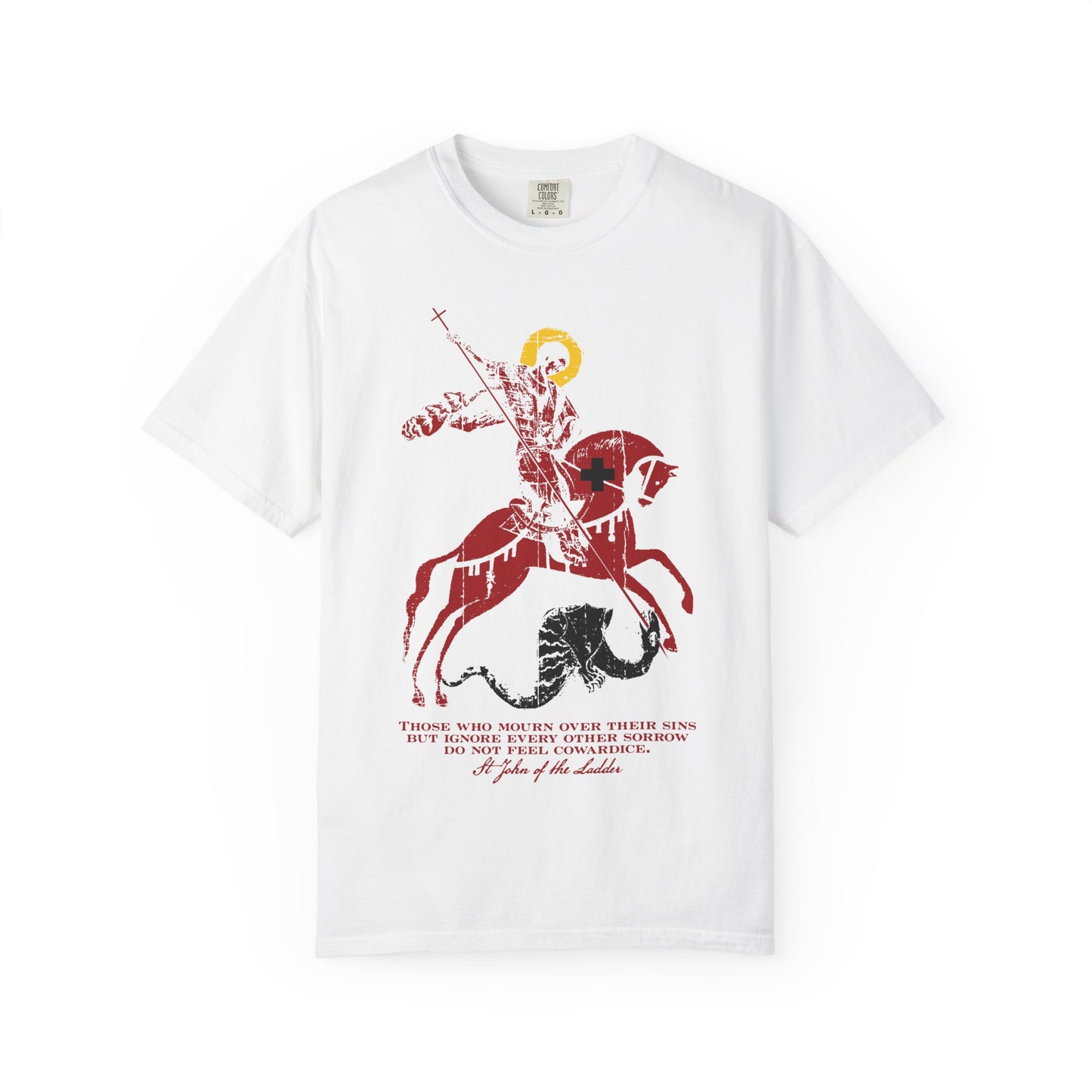 White heavyweight cotton unisex tee featuring a red and black graphic of St George slaying the dragon—an iconographic image inspired by St John Climacus—with text below reflecting on mourning over one’s sins according to God.