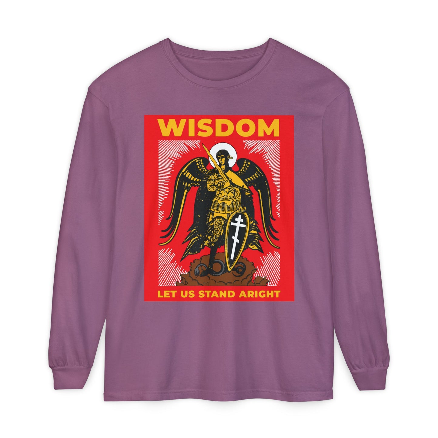 Berry cotton long-sleeve shirt featuring a Russian illustration of Archangel Michael with sword and shield from Revelation 12, plus the text "WISDOM LET US STAND ARIGHT"—an Orthodox Christian tribute.