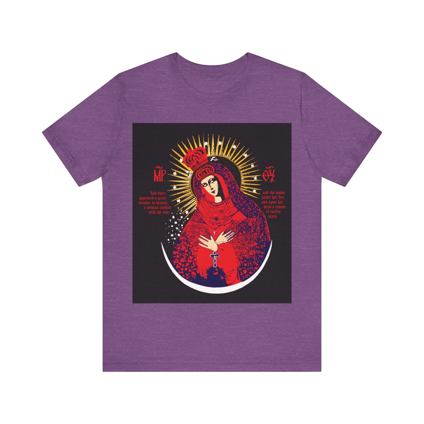 Heather Team Purple cotton t-shirt with a red, blue, and gold iconographic design of Our Lady the Gate of Dawn Theotokos Crowned, inspired by the Vilnius icon: haloed woman in vibrant robes. Orthodox Woman of the Apocalypse graphic.