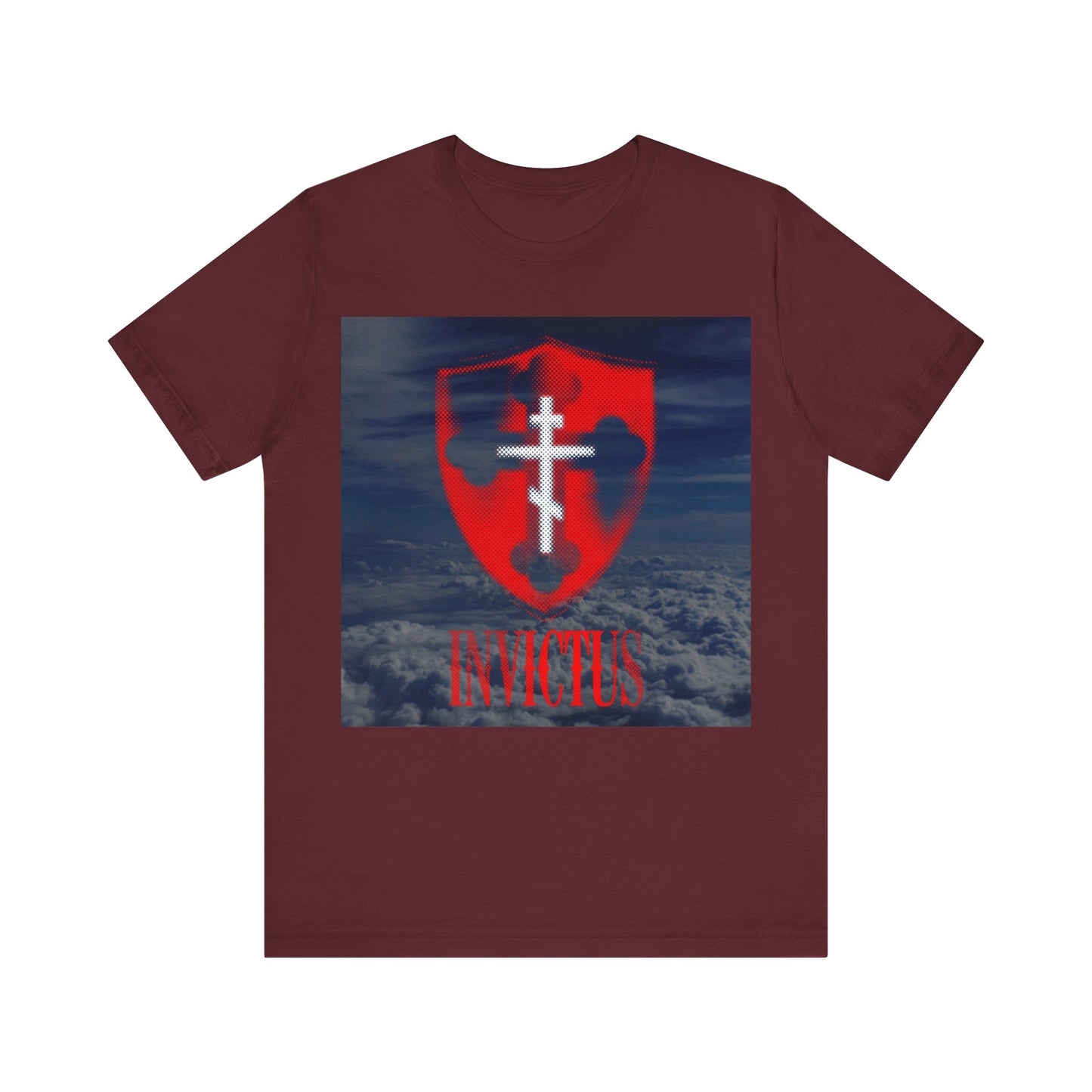 Invictus White Orthodox Cross | Glowing Red Halftone Shield | Clouds Background | Christ Unconquered | Lightweight Cotton Unisex Tee