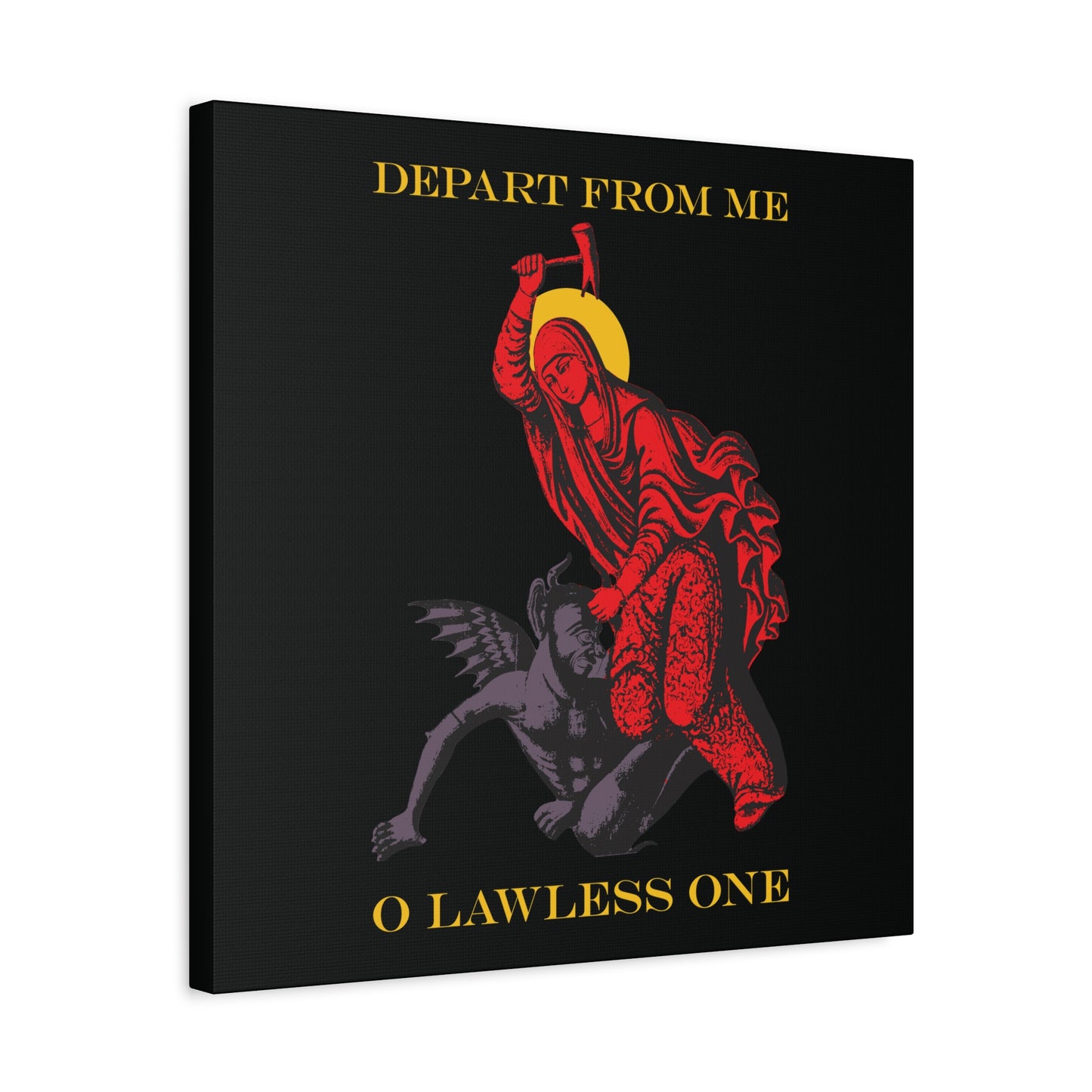 St Marina IconoGraphic (Depart from Me O Lawless One) | Saint Beating the Devil with a Hammer | Orthodox Christian Canvas Art