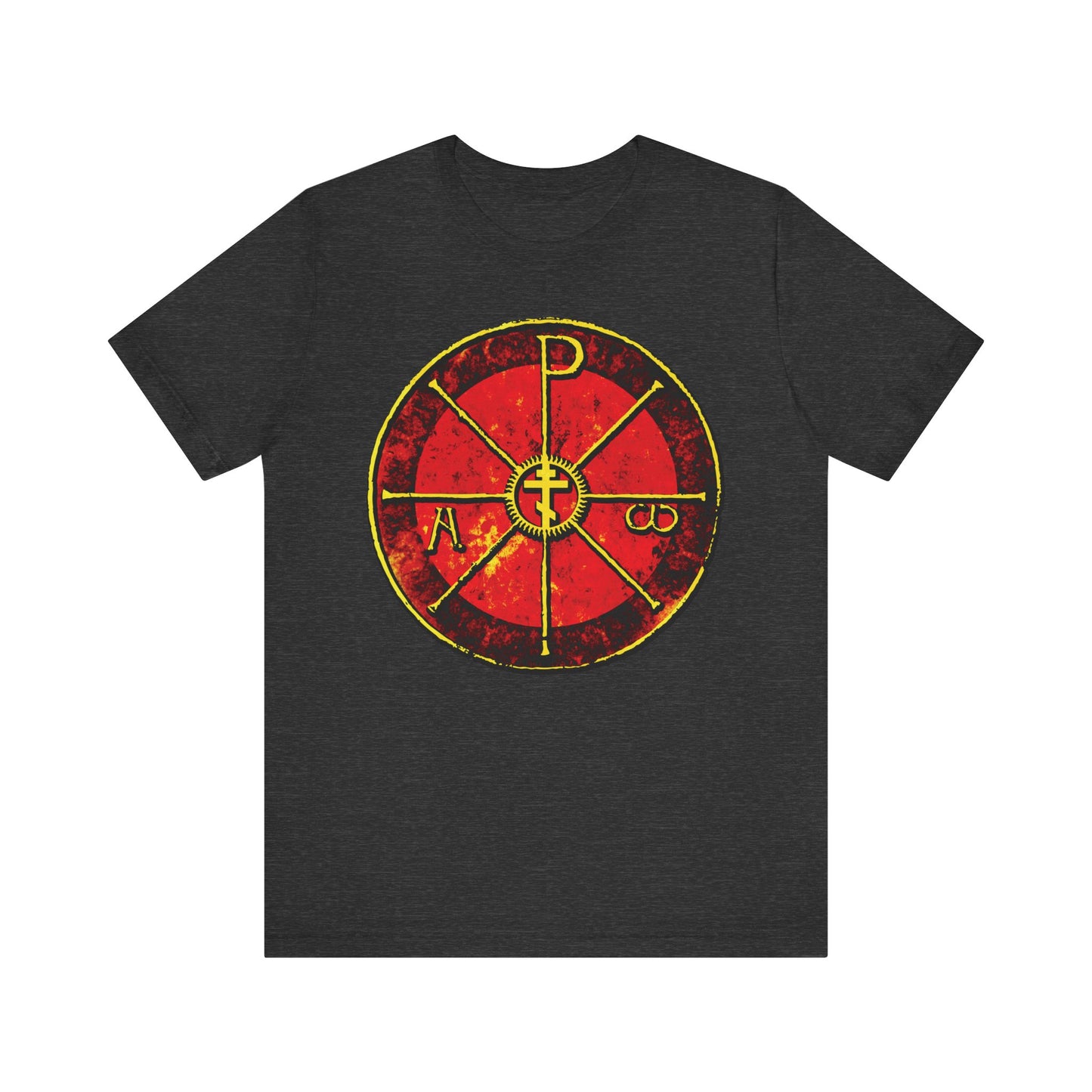 Dark Grey Heather t-shirt featuring the Alpha & Omega Chi Rho Orthodox Cross, an ancient Christogram with Greek letters and a central line. Lightweight cotton tee; "In This Sign Ye Shall Conquer" design.