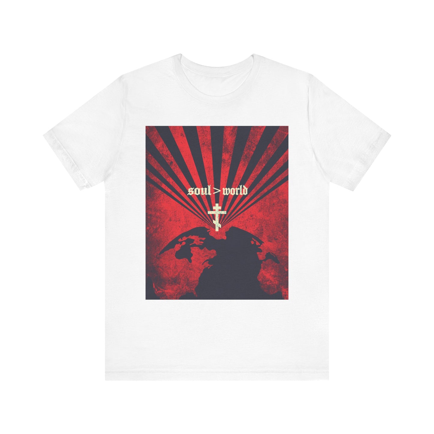 Show your faith with the "What Shall it Profit a Man" unisex lightweight cotton tee in white, featuring a striking red earth design with a white cross, black and red graphic details, and “Soul Is Greater Than World” text inspired by Jesus’ teachings in Matthew 16:26—reminding us to follow Christ and seek greater purpose.