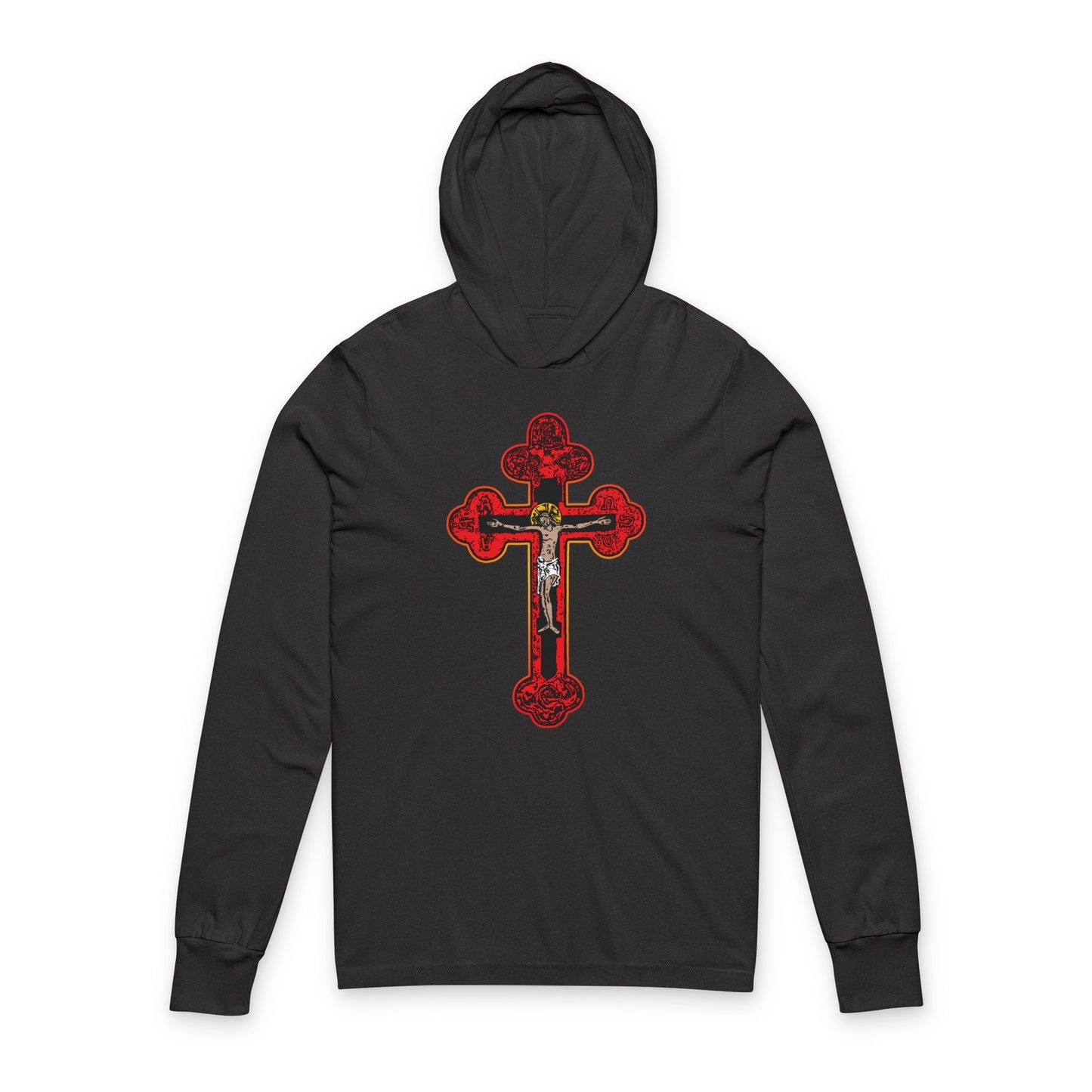 Charcoal Black TriBlend hoodie featuring a large Byzantine Golgotha Cross and crucifix with Alpha & Omega, inspired by Isaiah 53:3-5—"I Am Crucified With Christ." Red Orthodox Christian design on soft cotton.