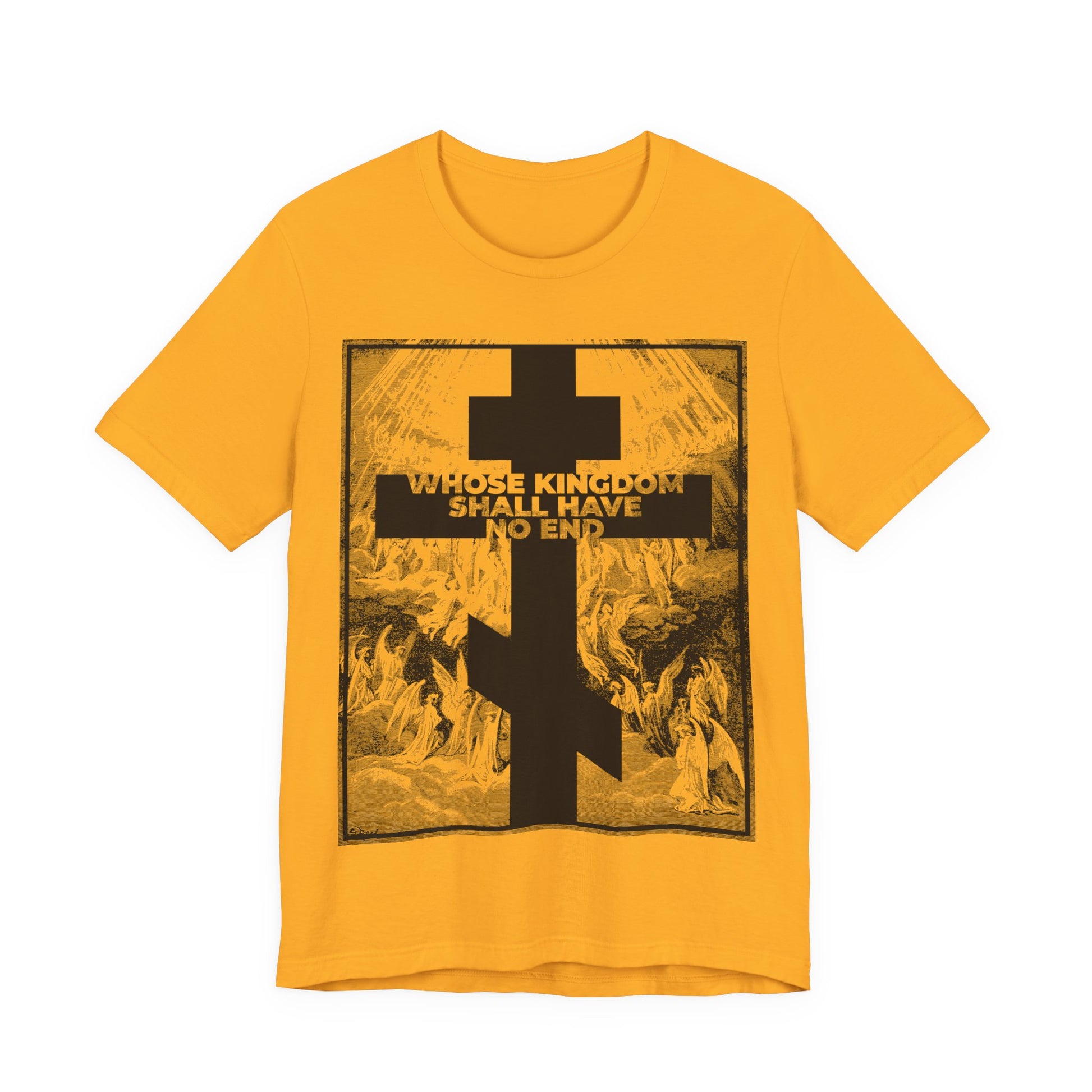 Yellow Orthodox t-shirt inspired by the Nicene Creed, featuring a large black cross and vintage Gustave Doré etching, with "WHOSE KINGDOM SHALL HAVE NO END" text—celebrating enduring faith and Revelation.