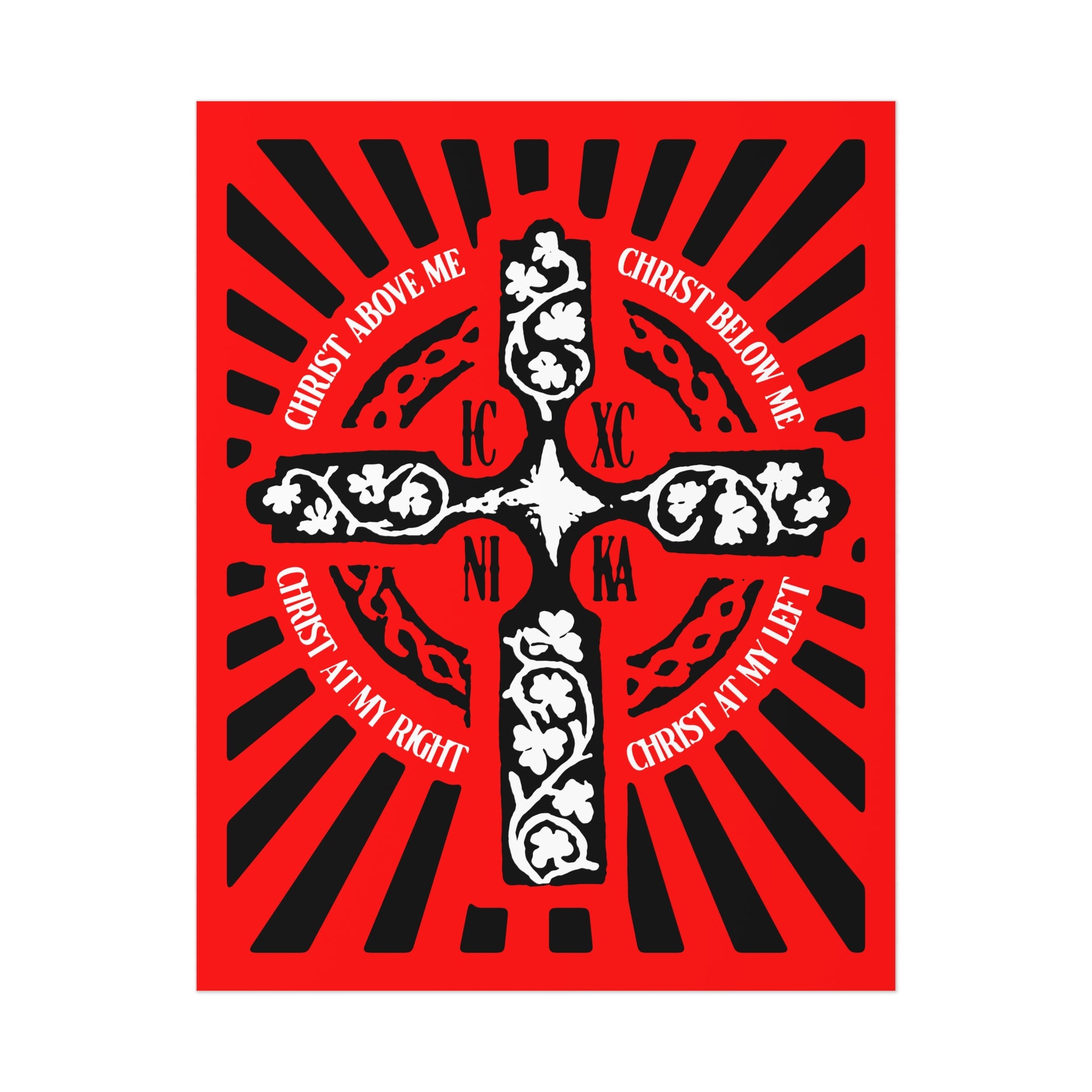 The Red ICXC NIKA Enniskillen Celtic Cross poster features a black and white Celtic cross on red with Christian phrases from the Lorica of St. Patrick, perfect for meditation and Orthodox Christian art lovers.