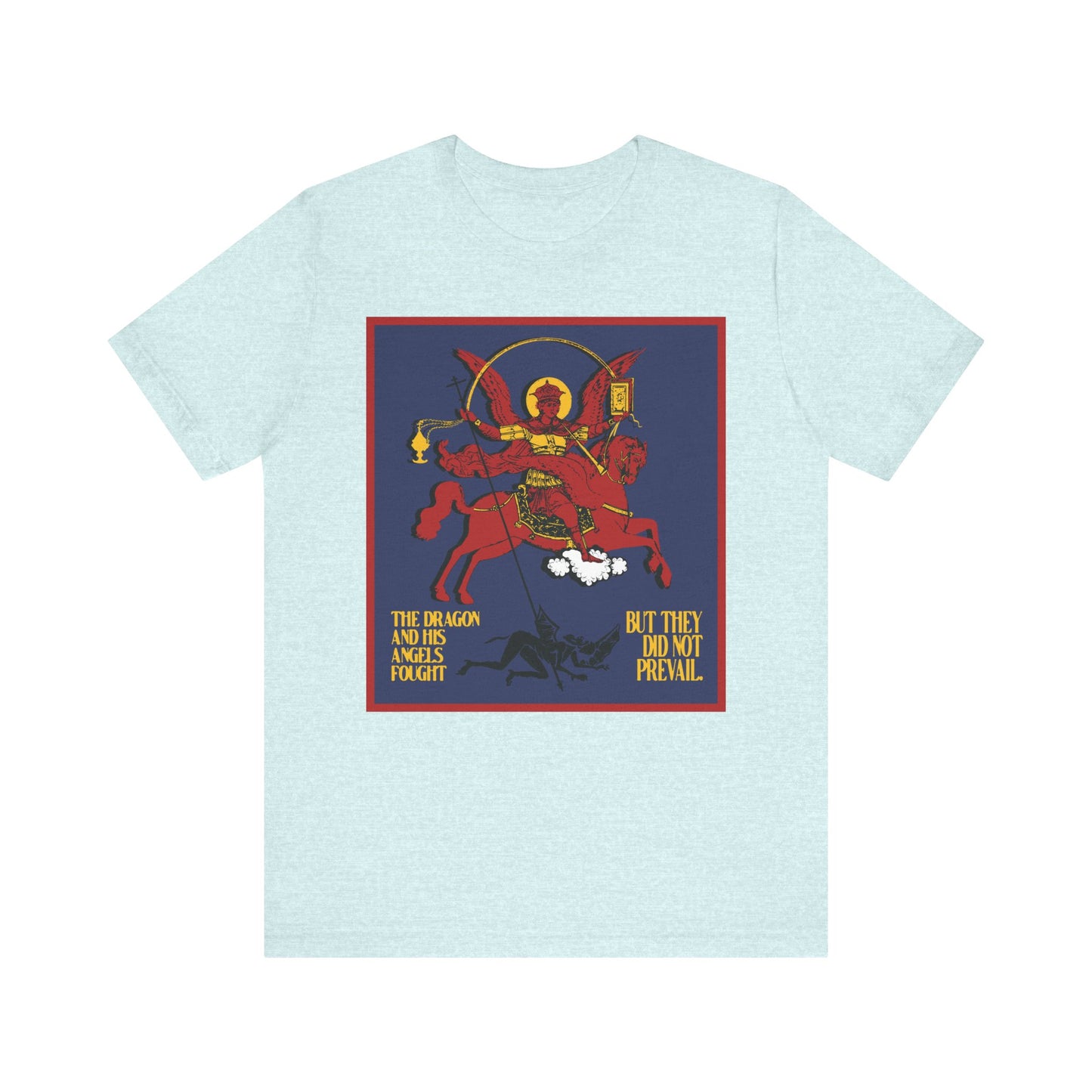 Heather Prism Ice Blue unisex tee depicting Archangel Michael defeating Satan the Dragon (Rev 12:7-8), Apocalyptic IconoGraphic style, inspired by Orthodox Christian art and spiritual warfare. Lightweight cotton for everyday comfort.
