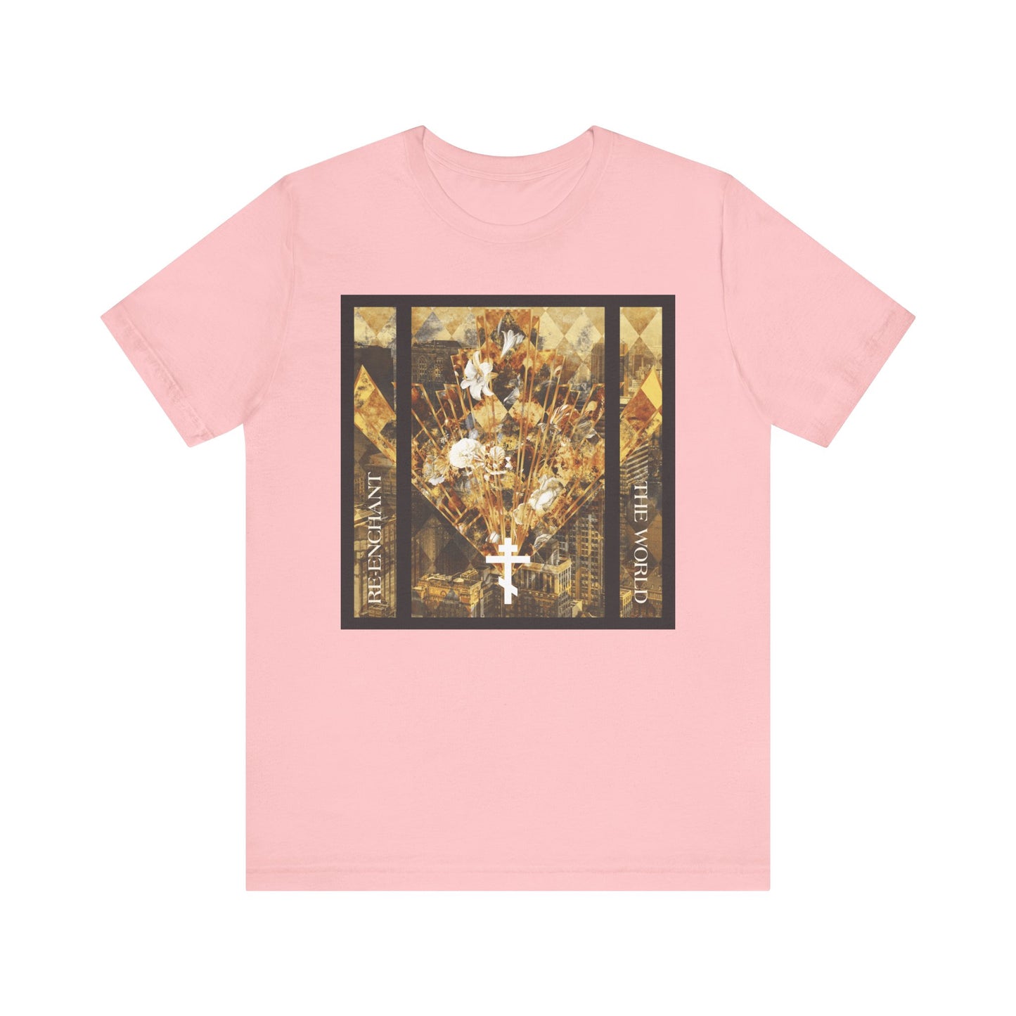 Sure! Here’s your rewritten sentence using the provided product data: Pink "Re-Enchant the World" t-shirt featuring a modern cityscape design with a central white cross and floral accents in earthtones—crafted in lightweight cotton with a unisex fit, this graphic tee celebrates the beauty of the Church.