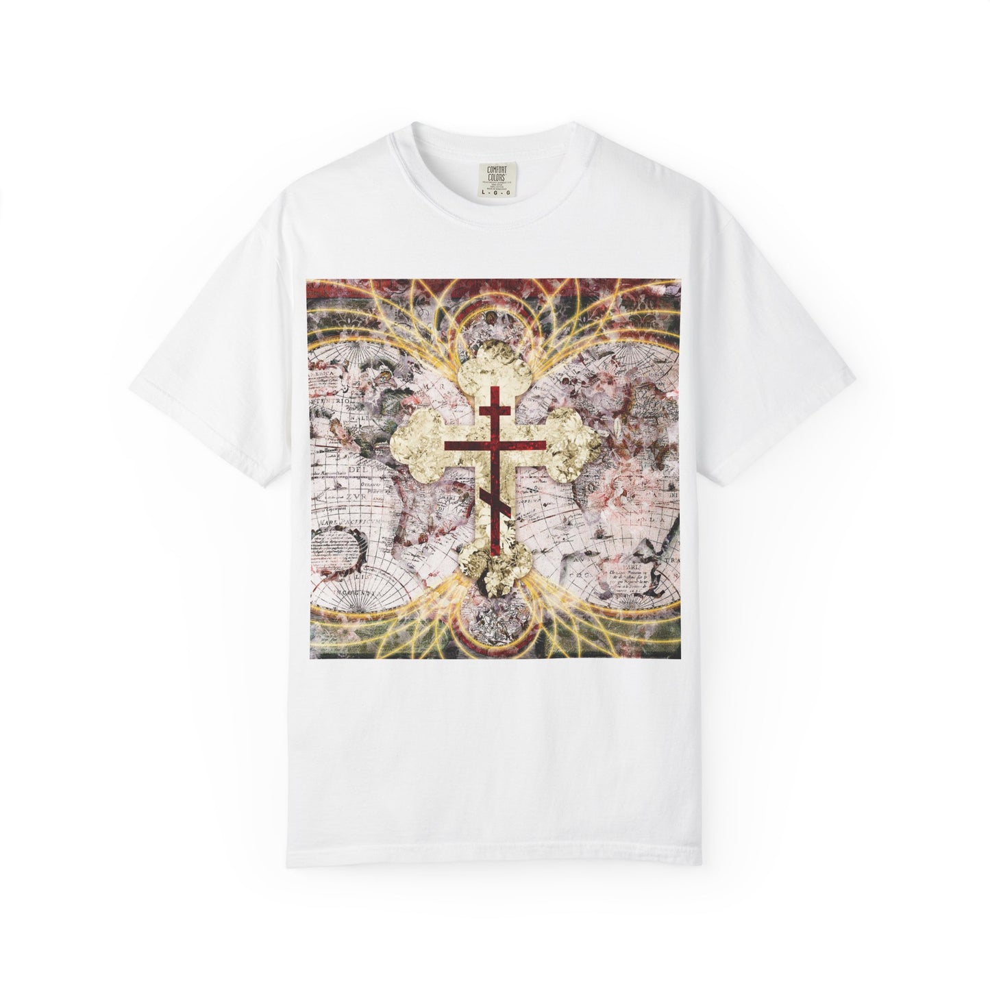 White heavyweight cotton unisex tee featuring a red Orthodox cross set against an antique map with glowing magnetic lines, inspired by the “Conqueror of Death” theme and Revelation 1:18.