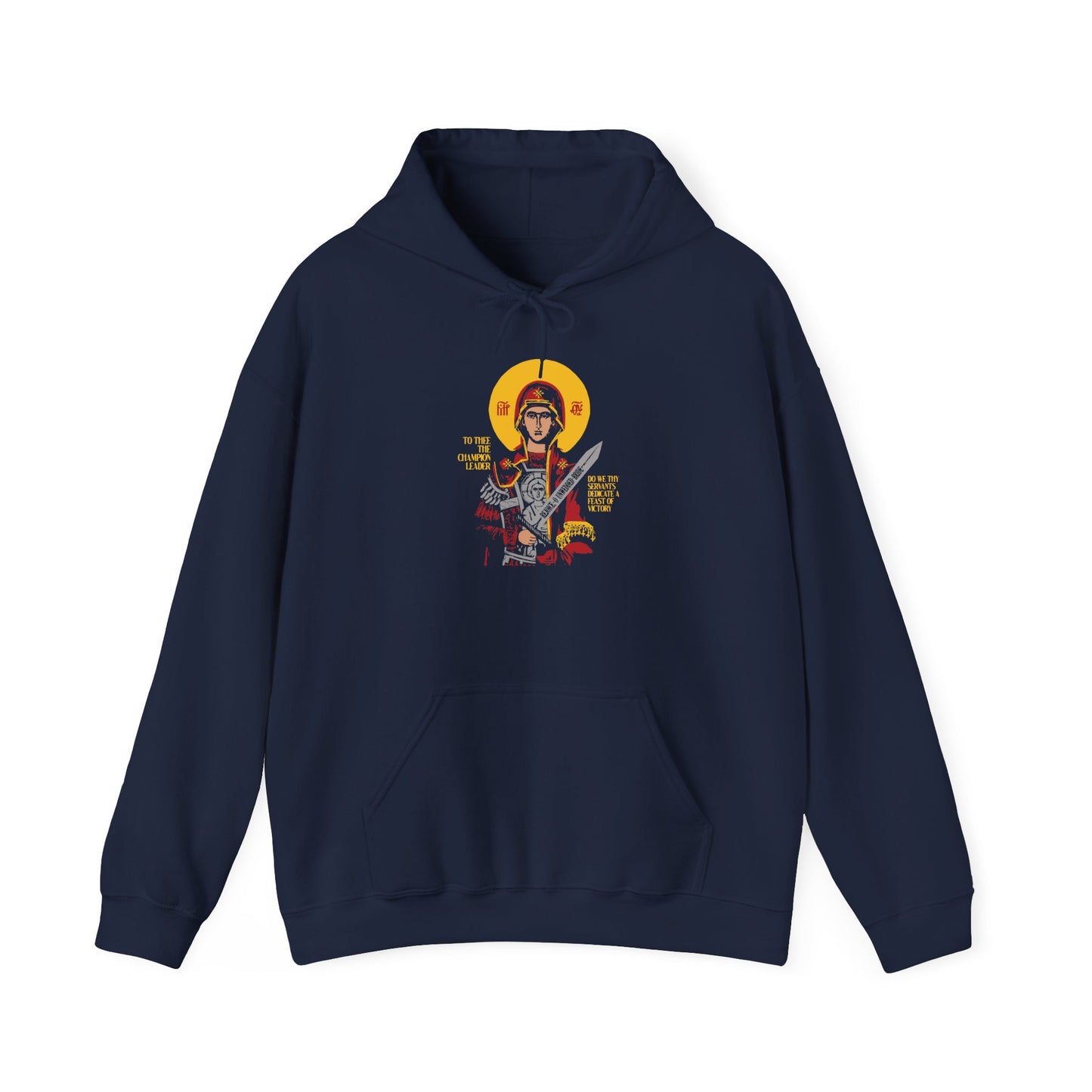 Navy "To Thee the Champion Leader" Orthodox Christian hoodie featuring an illustrated Theotokos (Mother of God) with a sword, yellow halo, and front text.