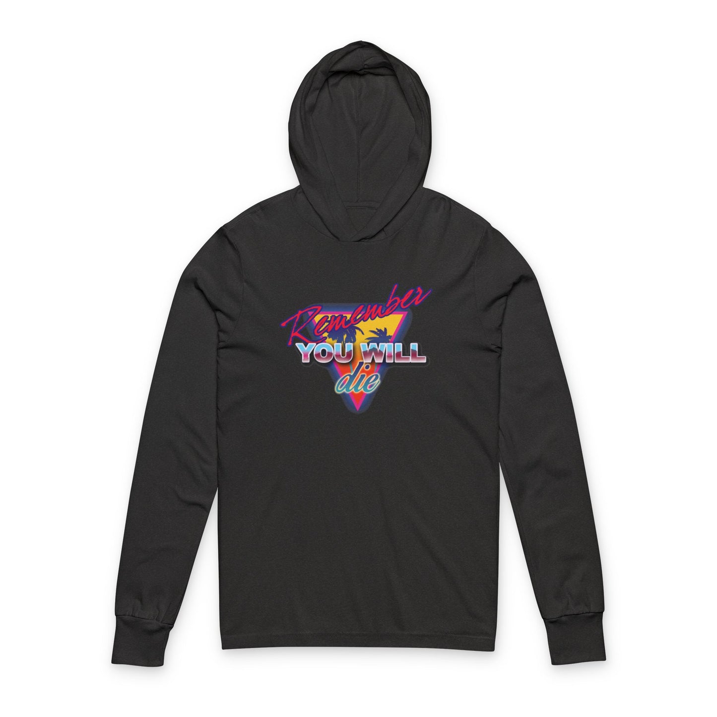 Charcoal Black TriBlend hoodie featuring 80s retro synthwave palm tree design and "Remember YOU WILL die" text—a nostalgic nod to memento mori and Orthodox tradition in homage to St. John Climacus.