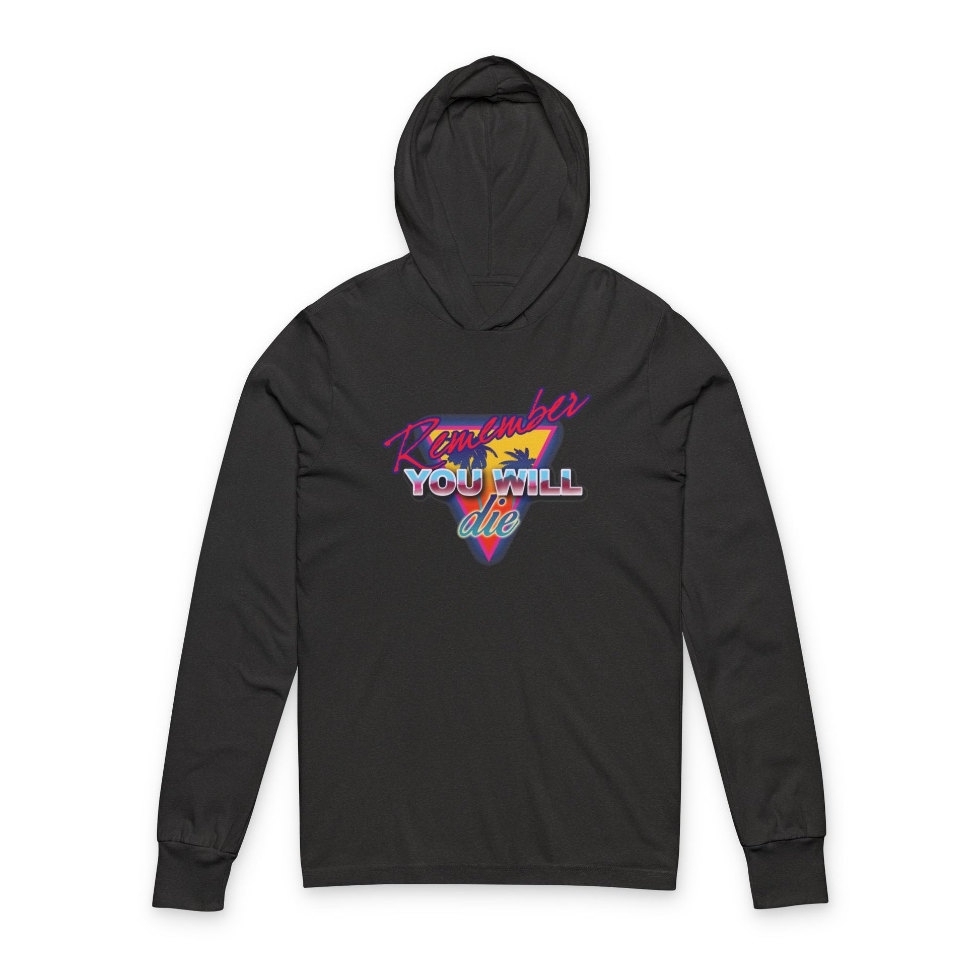 Charcoal Black TriBlend hoodie featuring 80s retro synthwave palm tree design and "Remember YOU WILL die" text—a nostalgic nod to memento mori and Orthodox tradition in homage to St. John Climacus.
