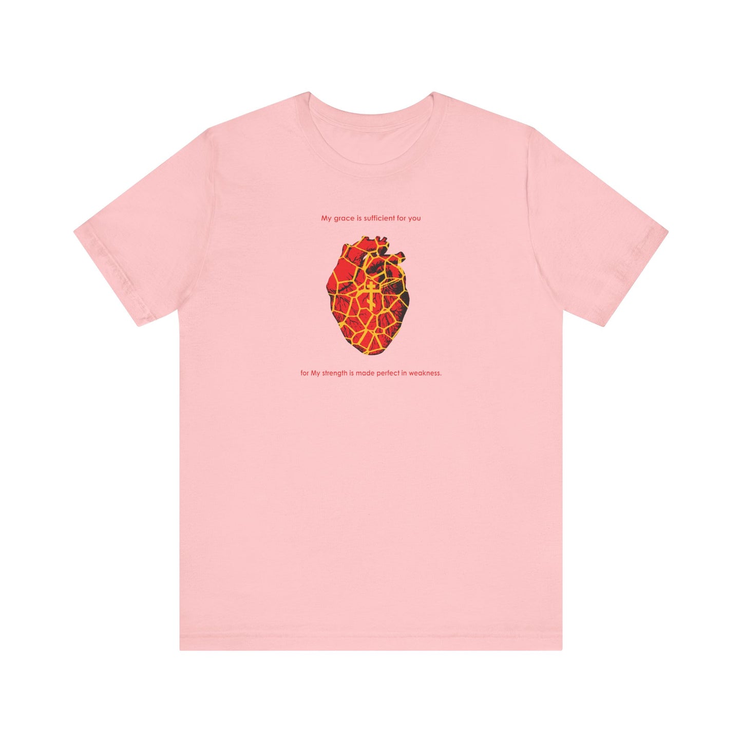Pink unisex tee featuring a golden kintsugi-style broken heart, Orthodox cross, and “My strength is made perfect in weakness” (2 Cor 12:9). A lightweight cotton reminder that brokenness can become beautiful.