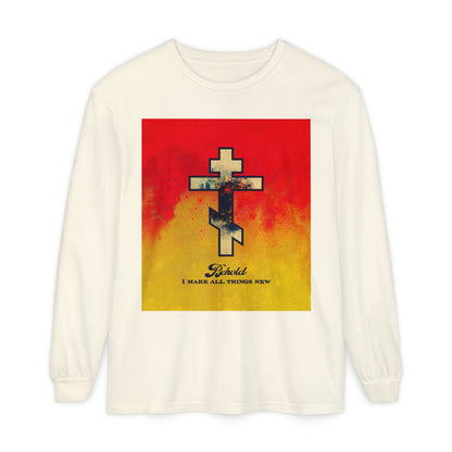 Behold, I Make All Things New (Revelation 21:5) | Cosmic Orthodox Cross on Red and Yellow Background | Orthodox Christian Long Sleeve Shirt