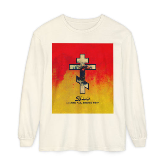 Behold, I Make All Things New (Revelation 21:5) | Cosmic Orthodox Cross on Red and Yellow Background | Orthodox Christian Long Sleeve Shirt