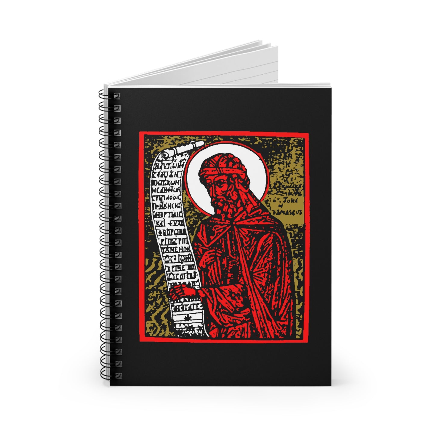 The St. John of Damascus Icono-Graphic Spiral Notebook features a high contrast red, gold, and black Orthodox Christian saint design on the cover—a unique and inspiring choice for faith-filled note-taking.