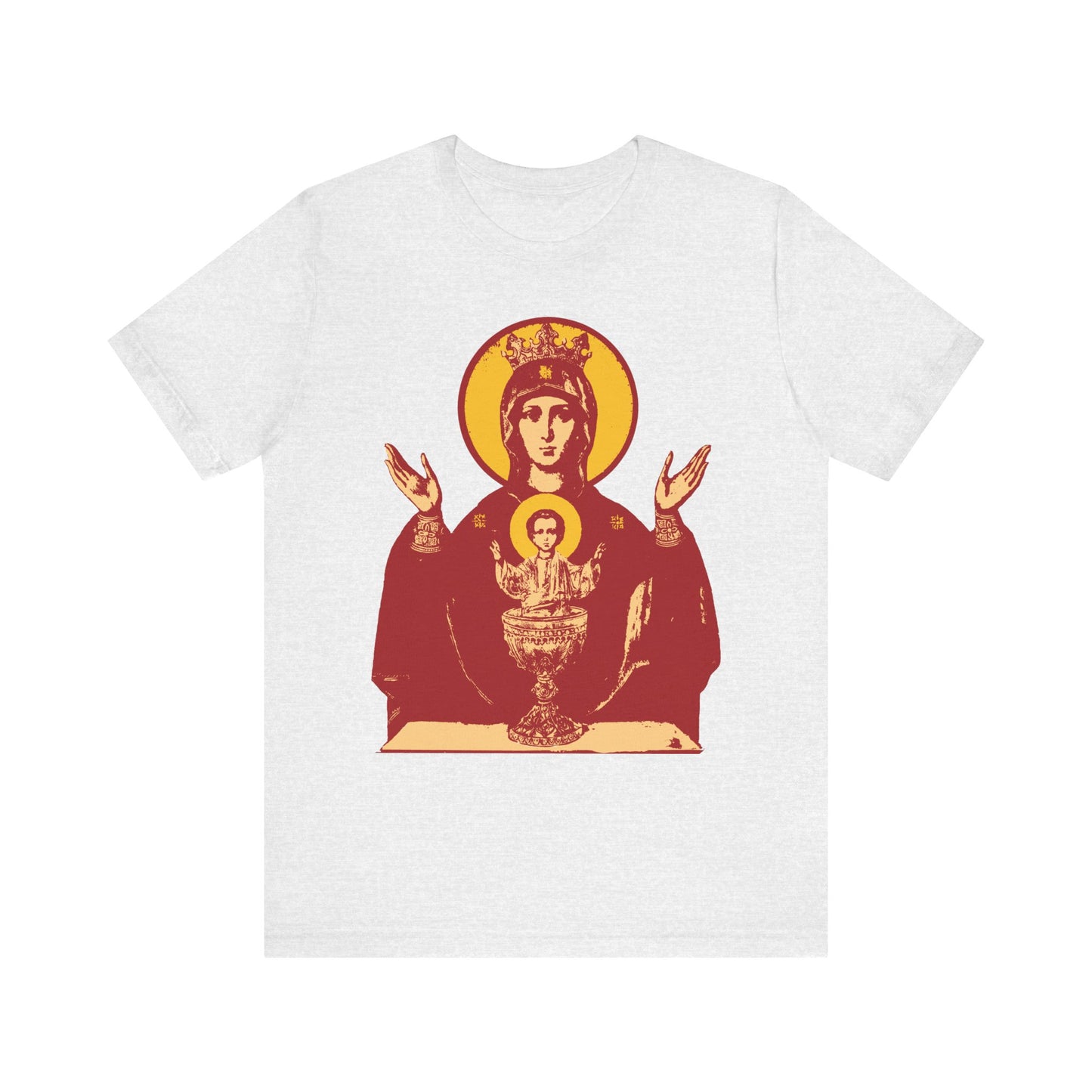 Ash t-shirt featuring the Holy Theotokos IconoGraphic of the Inexhaustible Chalice, Deliverer from Addictions, centered on the front. Lightweight cotton unisex fit.
