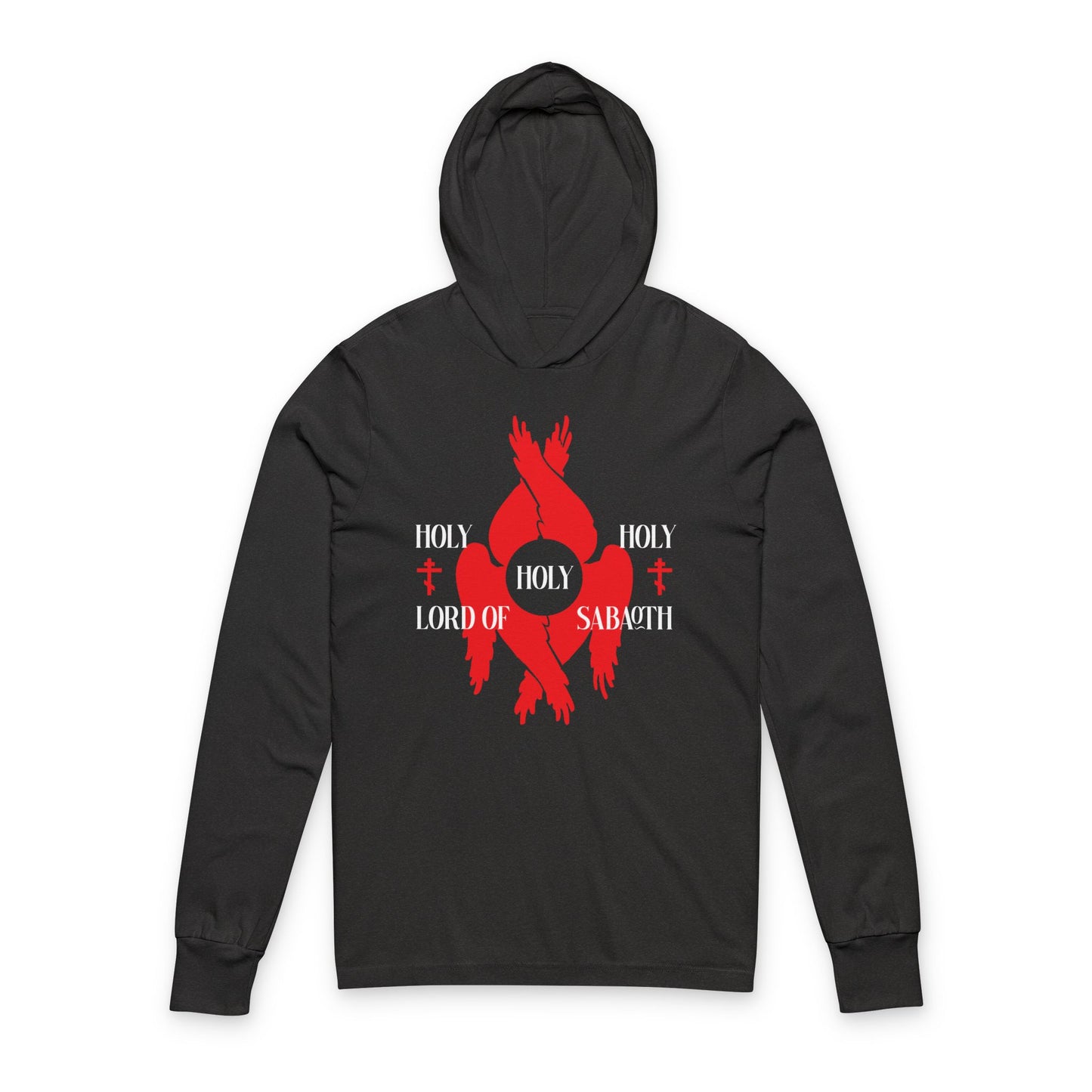 Charcoal black long sleeve hooded shirt featuring red seraphim wings, Orthodox crosses, and "HOLY HOLY HOLY LORD OF SABAOTH" from Isaiah 6:3, inspired by the Divine Council and Orthodox Christian tradition.