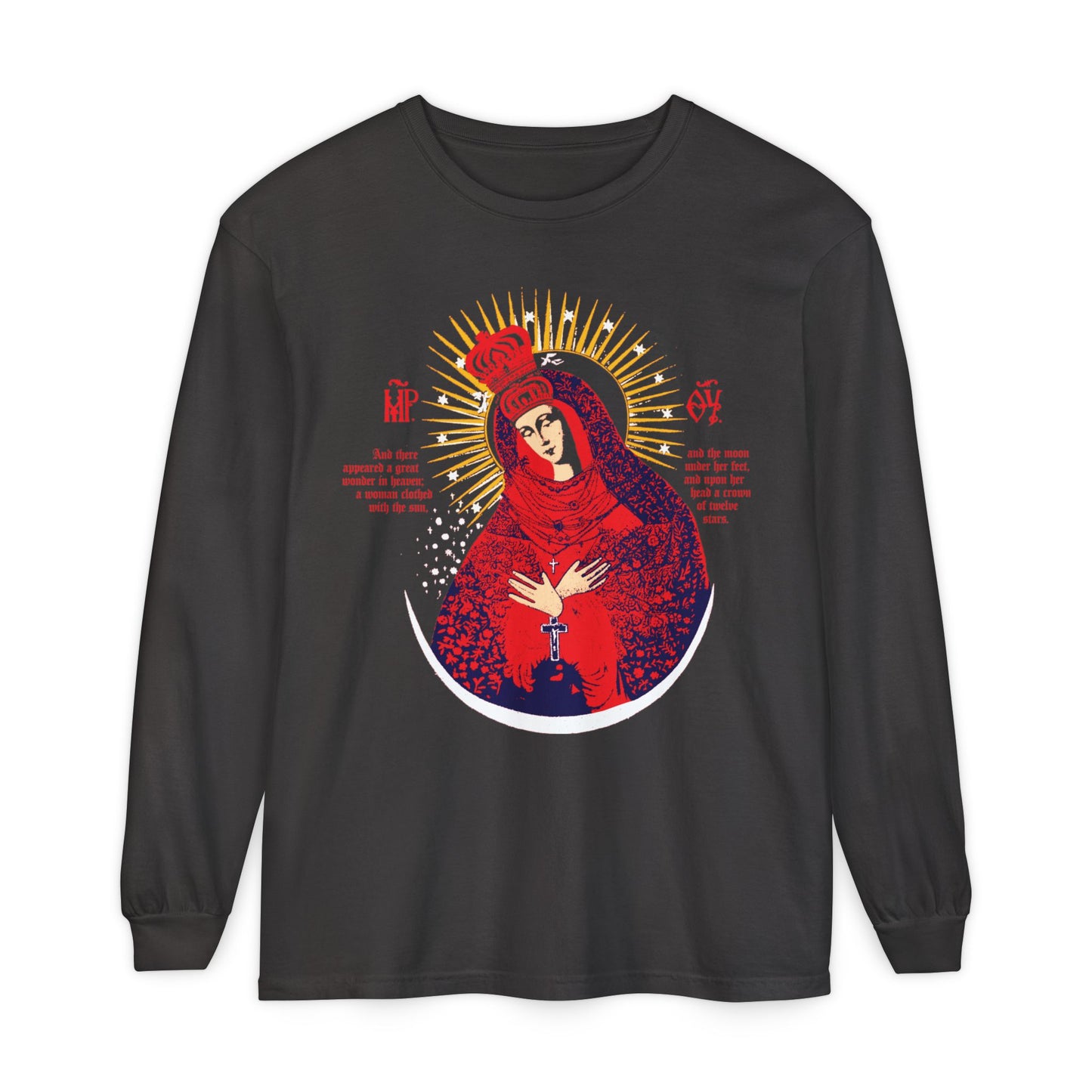 Graphite long-sleeve cotton shirt featuring a red, blue & gold stylized graphic of Our Lady the Gate of Dawn with crown, inspired by Orthodox iconography and Woman of the Apocalypse.