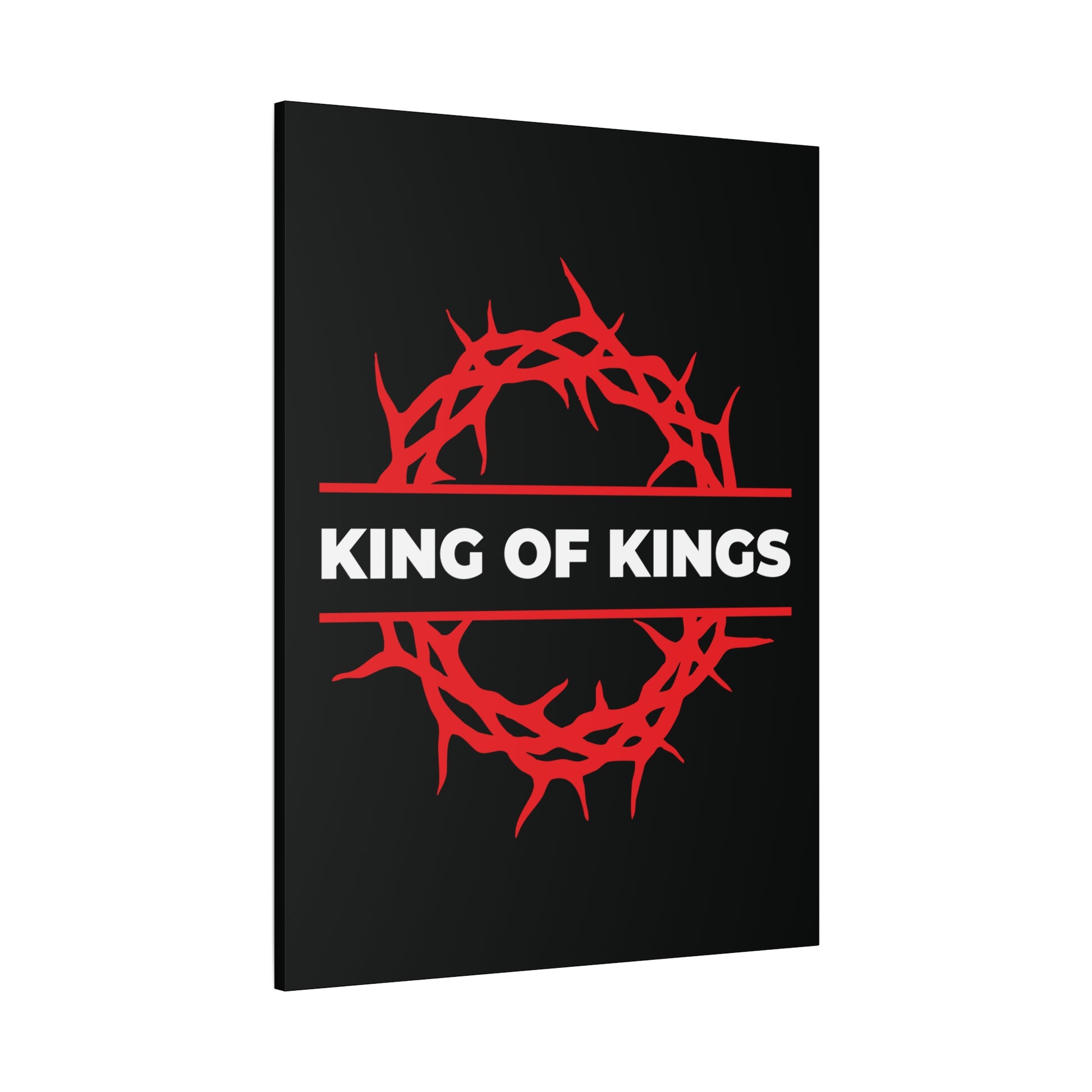 Bold Christian canvas art titled "King of Kings Crown of Thorns" features a black background, red crown of thorns, and "KING OF KINGS" in white letters— inspired by Revelation 19:16. Perfect for displaying Christ’s glory and kingship.
