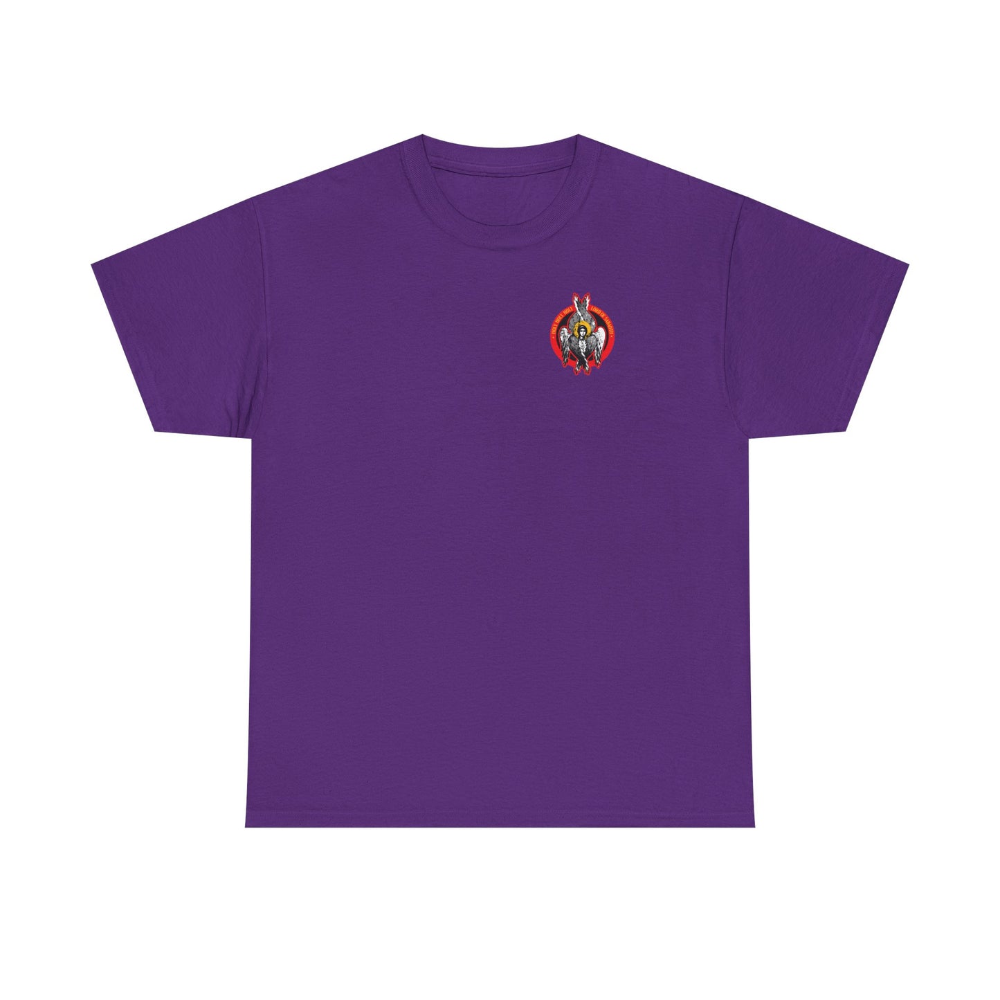 Purple unisex midweight cotton t-shirt featuring a small "Holy Holy Holy Seraphim Angel Icono-Graphic" design of heavenly hosts and the Divine Council on the left chest.