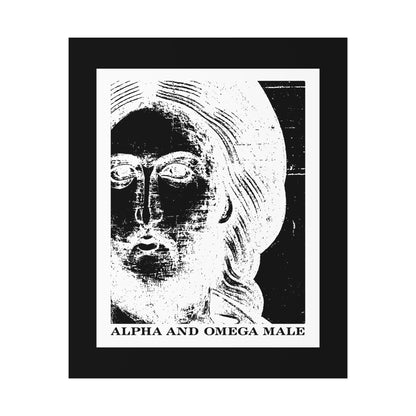 Black and white abstract face with "Alpha & Omega Male" text, inspired by Rev 22, featured on this Orthodox Christian art poster: Alpha & Omega Male | Jesus Christ Icono-Graphic Photonegative | I am the Beginning & the End.