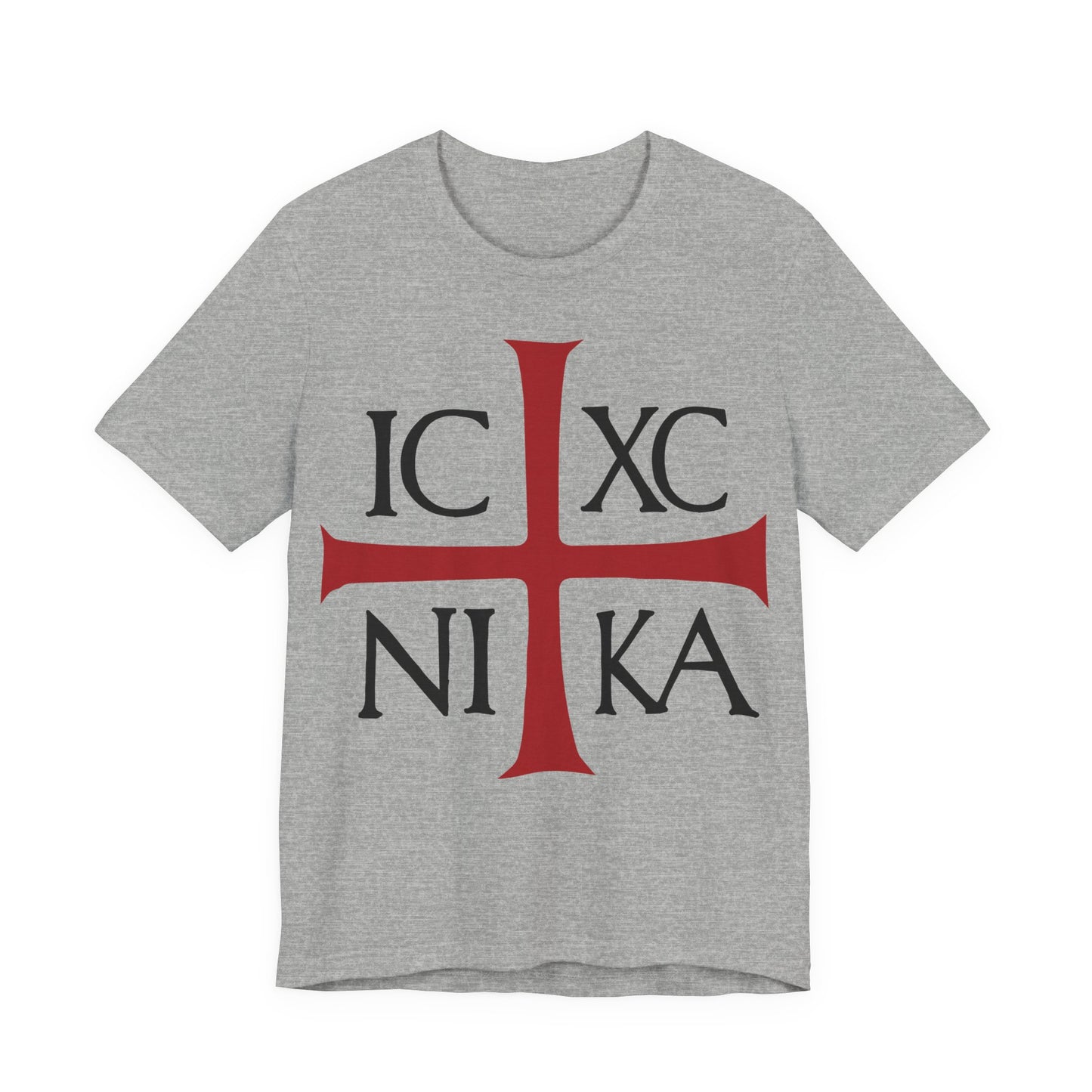Athletic Heather t-shirt featuring a large red cross and black "ICXC NIKA"—an ancient Byzantine Christogram meaning "Jesus Christ Conquers"; inspired by Orthodox Christianity.
