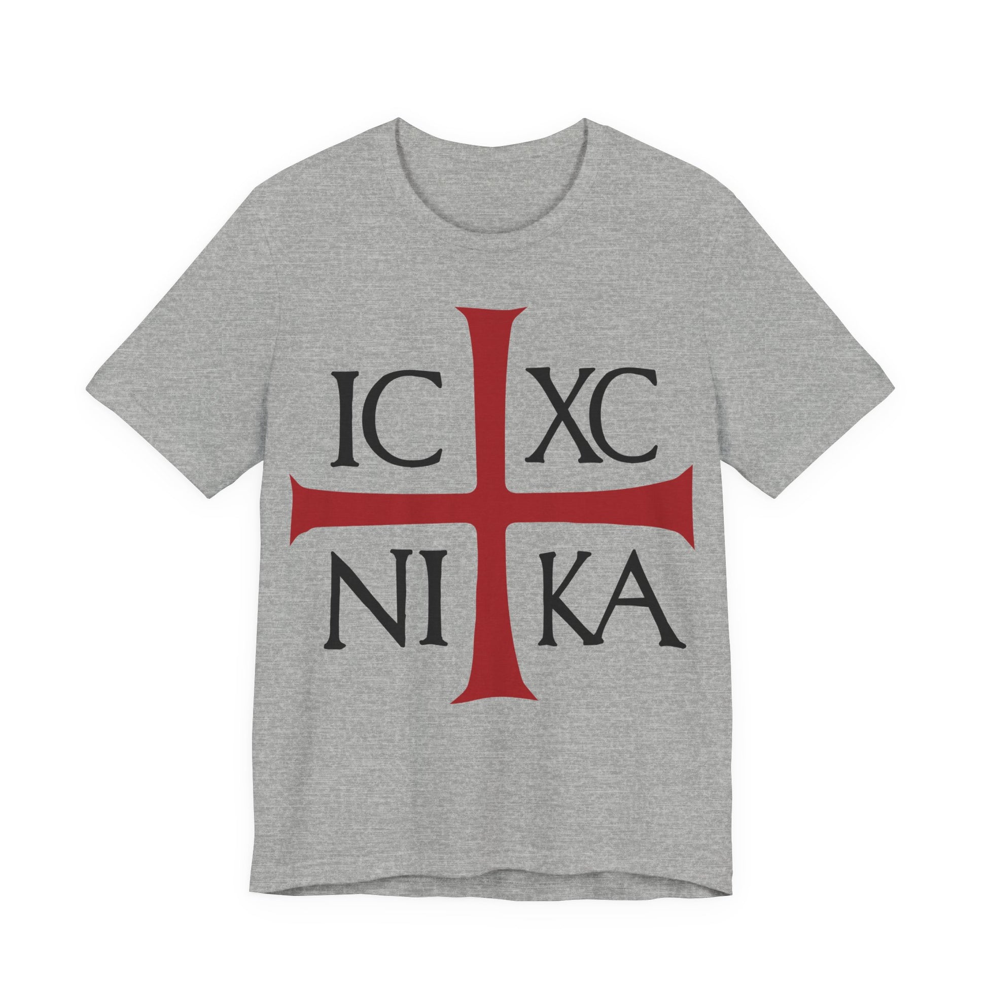 Athletic Heather t-shirt featuring a large red cross and black "ICXC NIKA"—an ancient Byzantine Christogram meaning "Jesus Christ Conquers"; inspired by Orthodox Christianity.