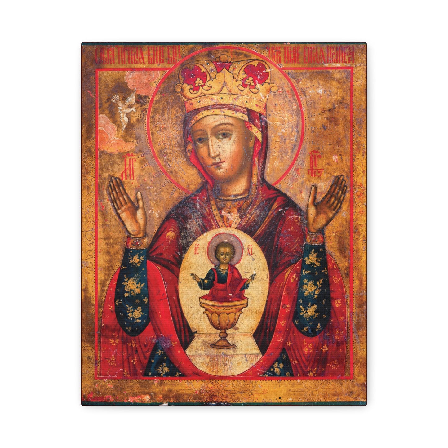 Mother of God of Nicaea Russian Orthodox Christian Icon—this sacred wall art depicts Panagia (Theotokos Mary) with raised hands and a crown, featuring the child Jesus as the Heavenly Bread in a chalice at her center.