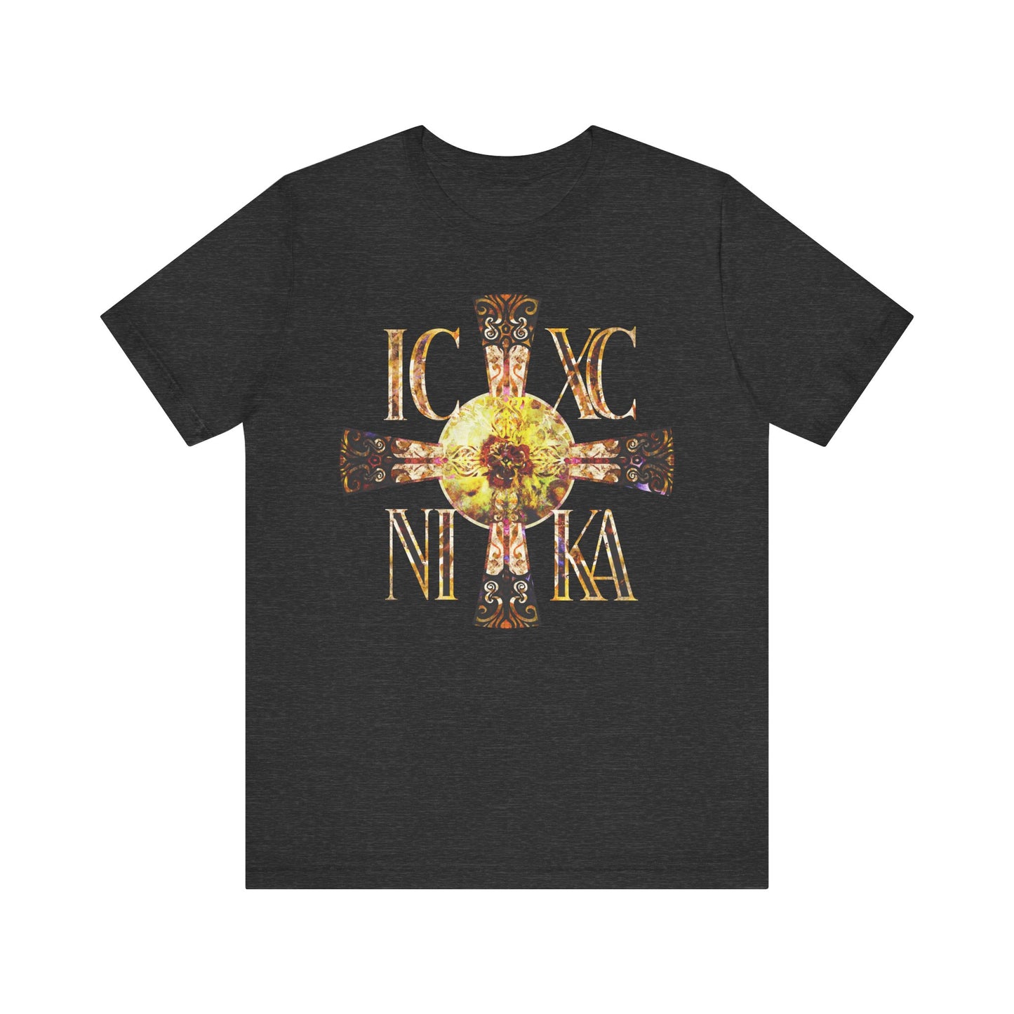 Dark Grey Heather tee featuring an ICXC NIKA Celtic-style equal armed cross with a bright solar texture on the front. Orthodox cotton, lightweight, unisex design.