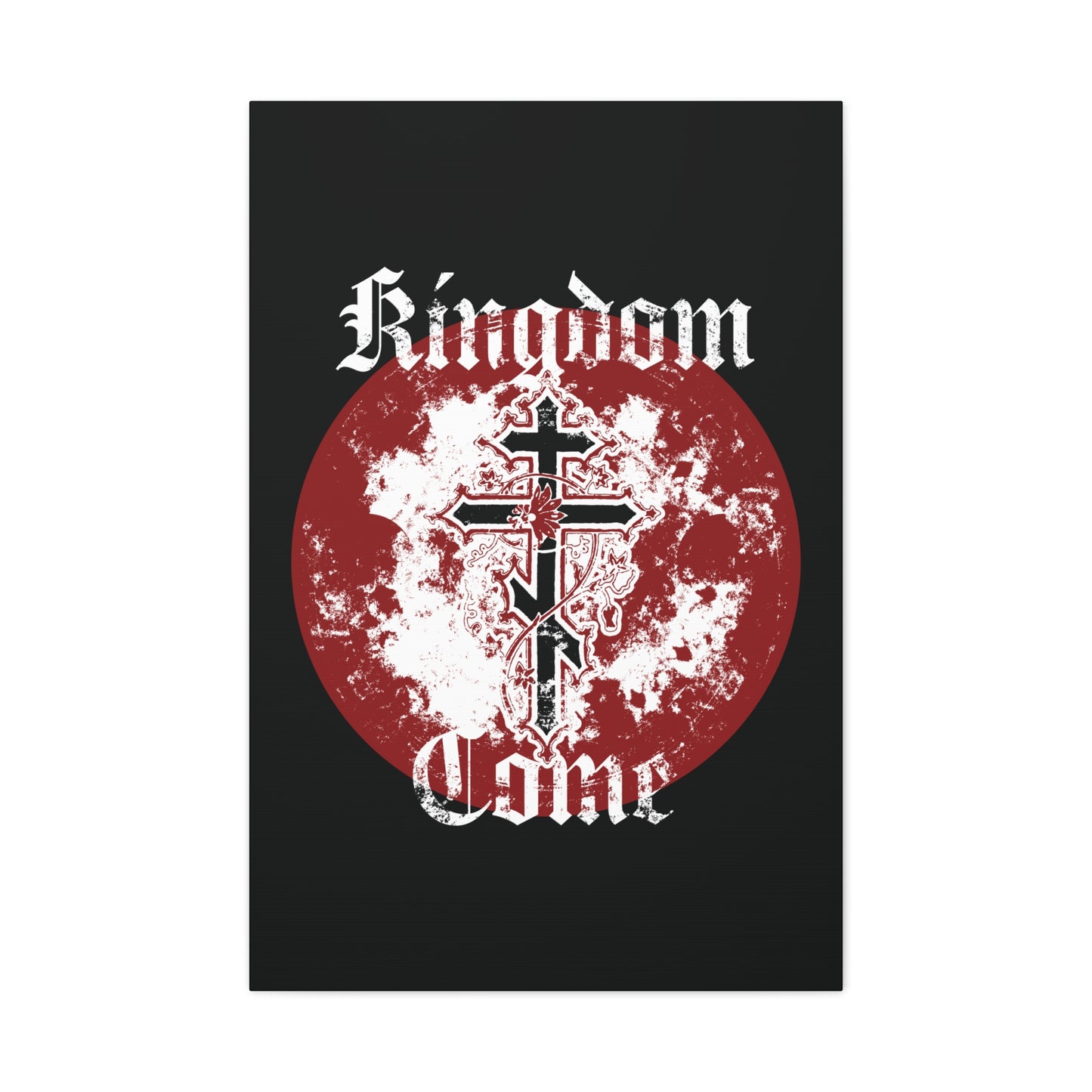 An Orthodox Cross with vine overlays a red circle, featuring "Thy Kingdom come" in textured gothic font on a black canvas—Orthodox Christian art inspired by the Lord’s Prayer.