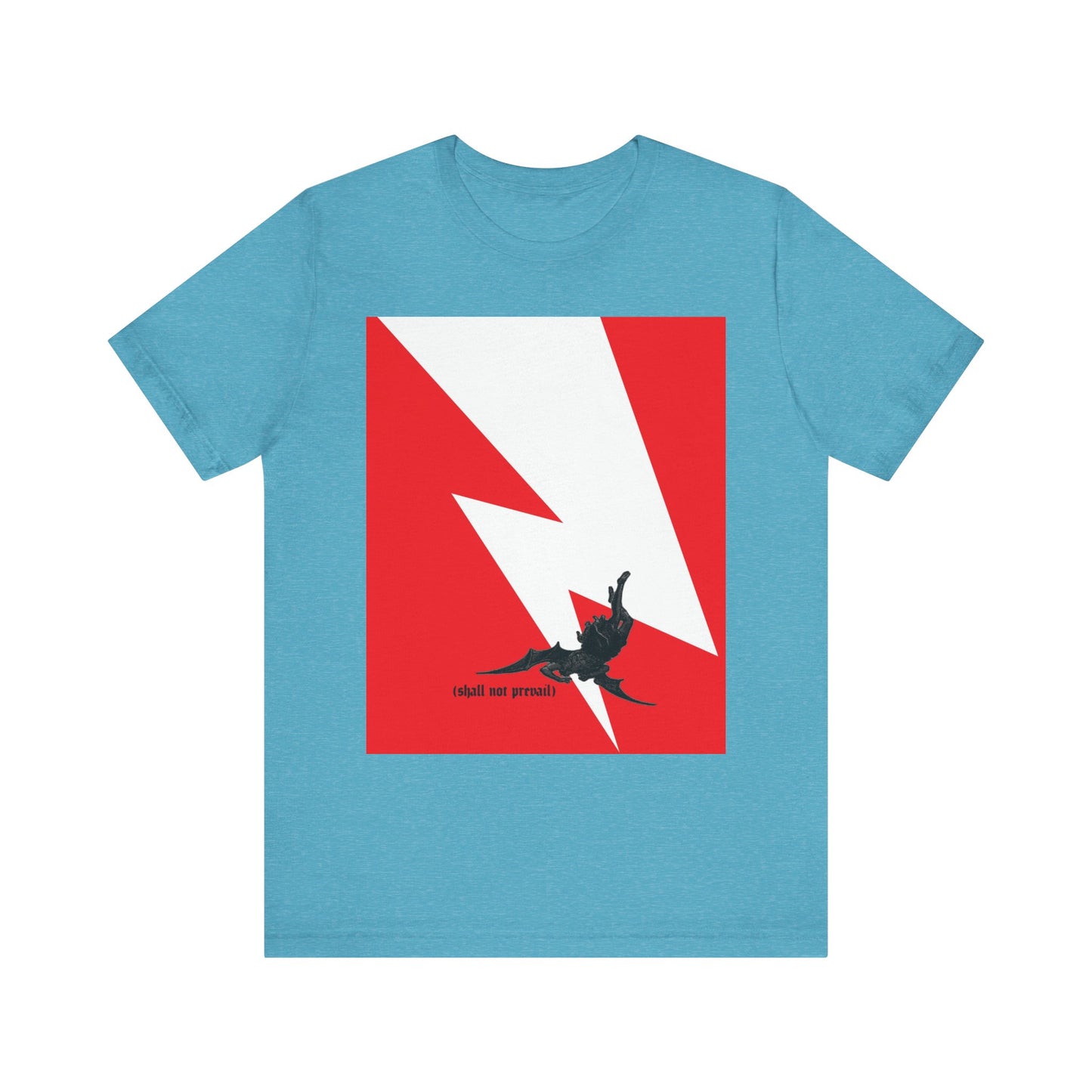 Heather aqua minimalist unisex tee featuring a red and white lightning bolt and a black falling figure, inspired by Satan's fall from heaven (Luke 10:18), with the phrase "shall not prevail.