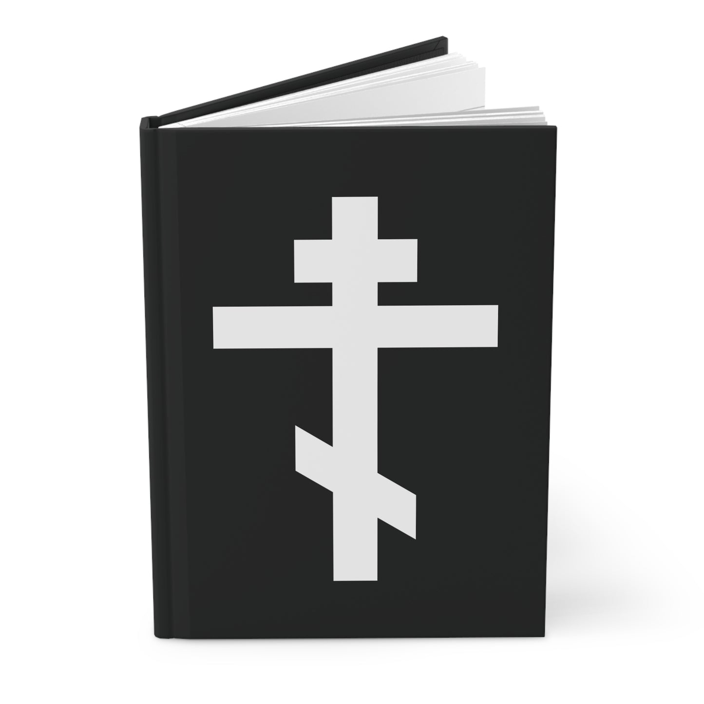Orthodox Hardcover Journal featuring a white Orthodox Cross and Galatians 6:14—"May I never boast, except in the cross of our Lord Jesus Christ"—a symbol of faith and salvation.