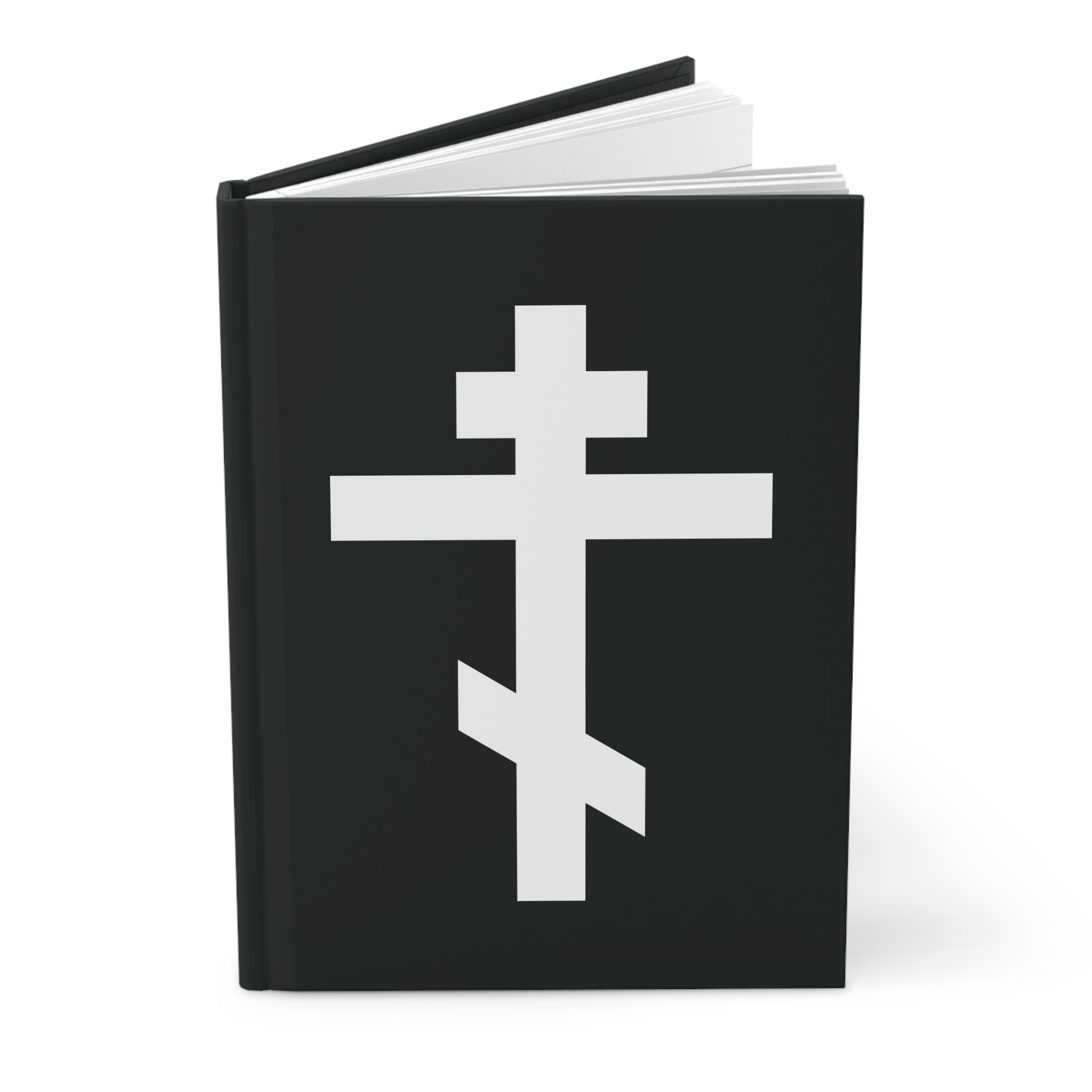 Orthodox Hardcover Journal featuring a white Orthodox Cross and Galatians 6:14—"May I never boast, except in the cross of our Lord Jesus Christ"—a symbol of faith and salvation.