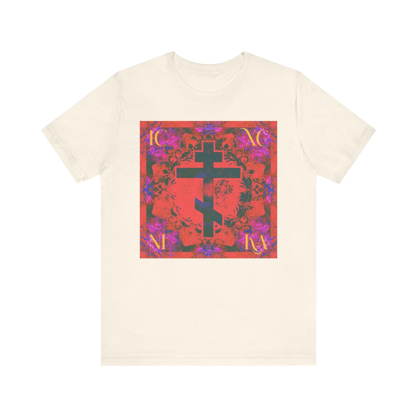 Natural-colored unisex lightweight cotton tee featuring the ICXC NIKA orange magenta cross design, inspired by Orthodox Christian symbolism and ornate floral patterns representing the Saviour's sufferings.