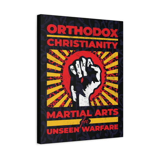 Orthodox Christianity: Martial Arts for Unseen Warfare | NIKA Jesus Fist on Colorful Sunburst Design | Orthodox Christian Canvas Art